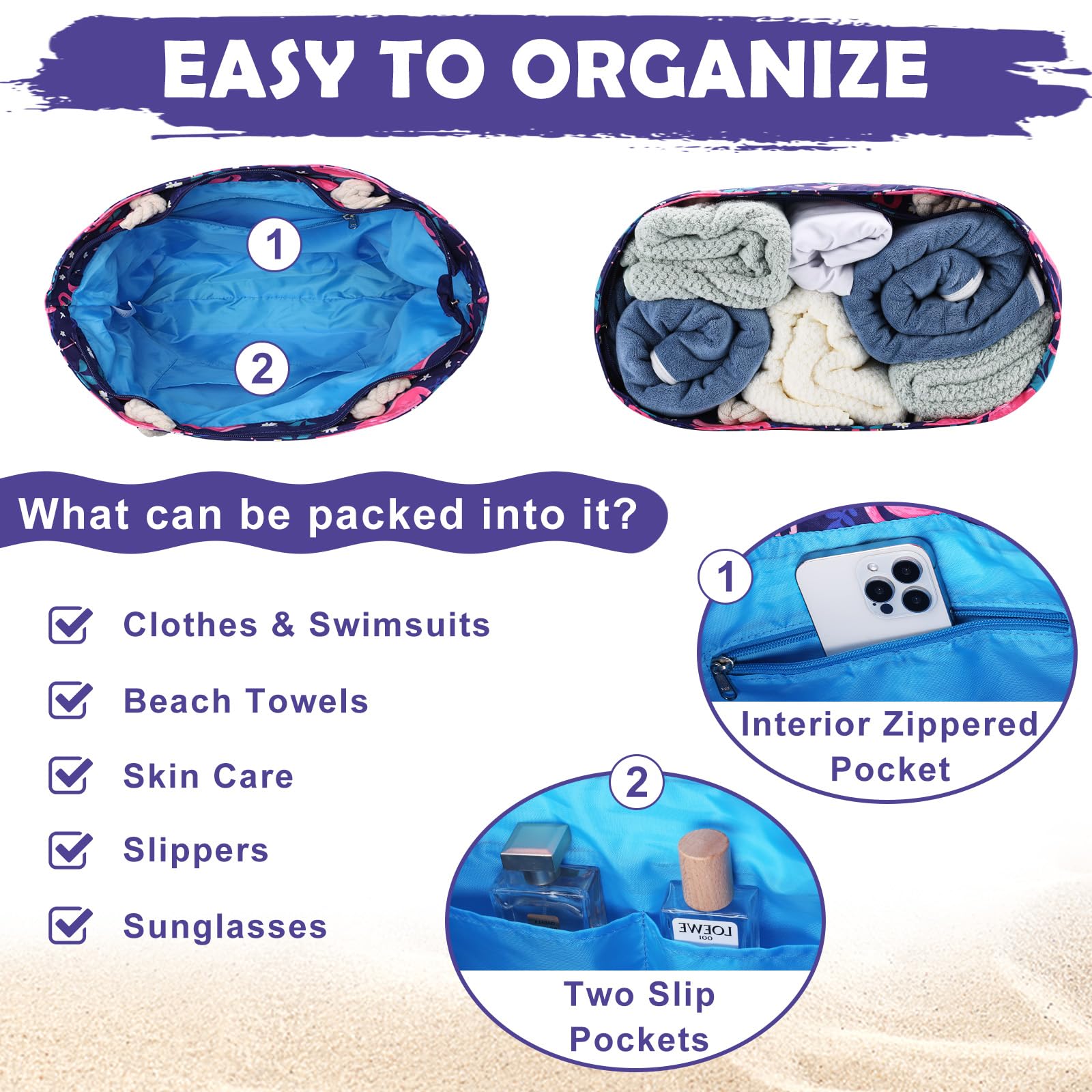 Kasqo Large Waterproof Beach Tote Bag for Women with Zipper & Small Pouch - Perfect for Swimming, Pool, Grocery Shopping, Travel & Vacation Essentials