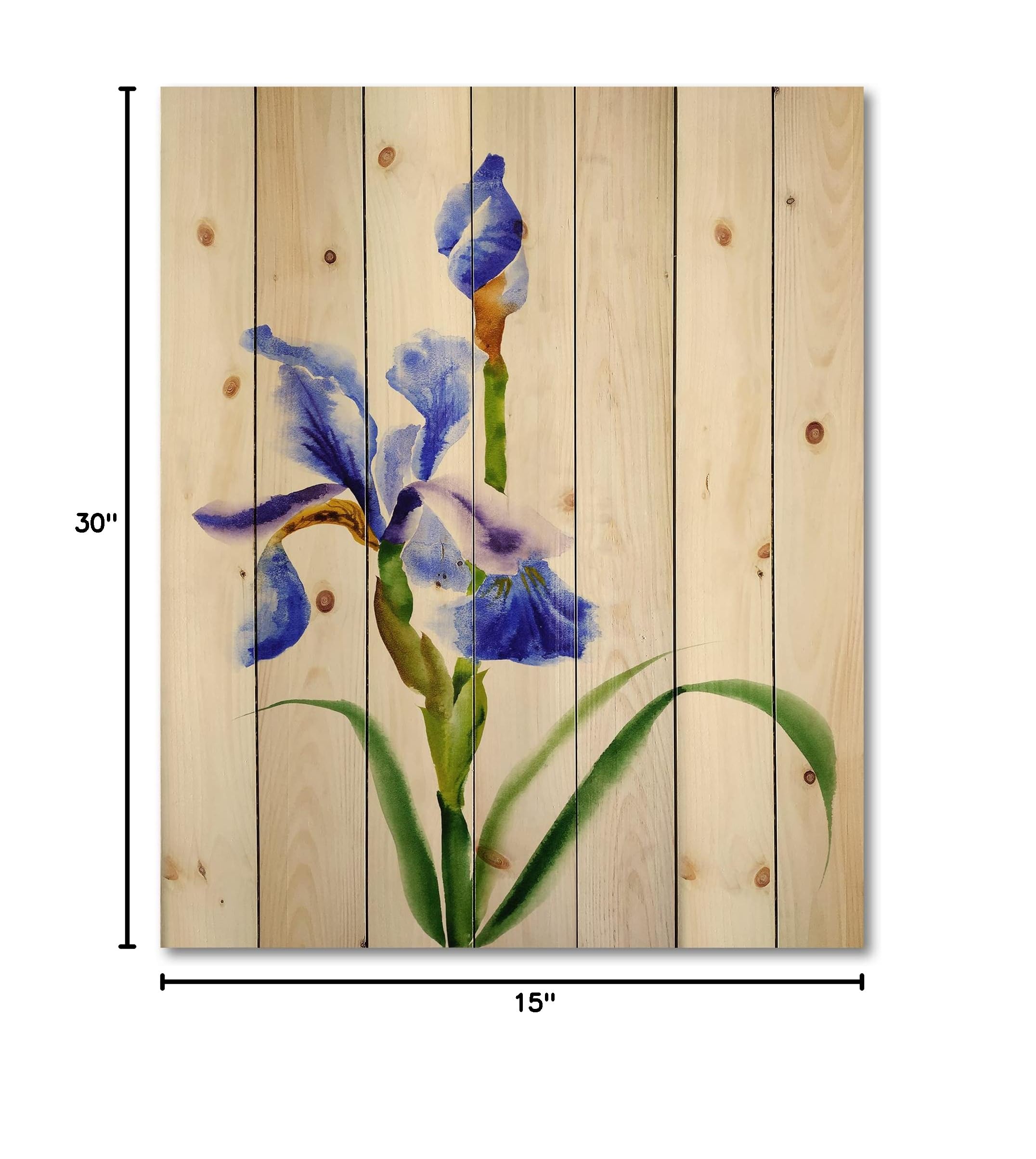 DesignQ Retro Blue Iris Flower Traditional Wood Wall Decor - Handcrafted Large Floral Wood Wall Art Panels Printed on Natural Pine - Perfect for Living Room, Bedroom & Office Wall Decoration