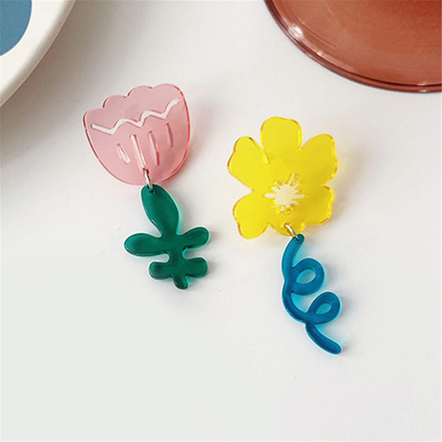Unique Acrylic Asymmetric Transparent Rose Flower Stud Earrings - Lily Floral Dangle Drop Earrings for Women & Girls - Fashion Statement Jewelry Gifts (Red/Blue) - Perfect for Weddings, Parties & Everyday Wear