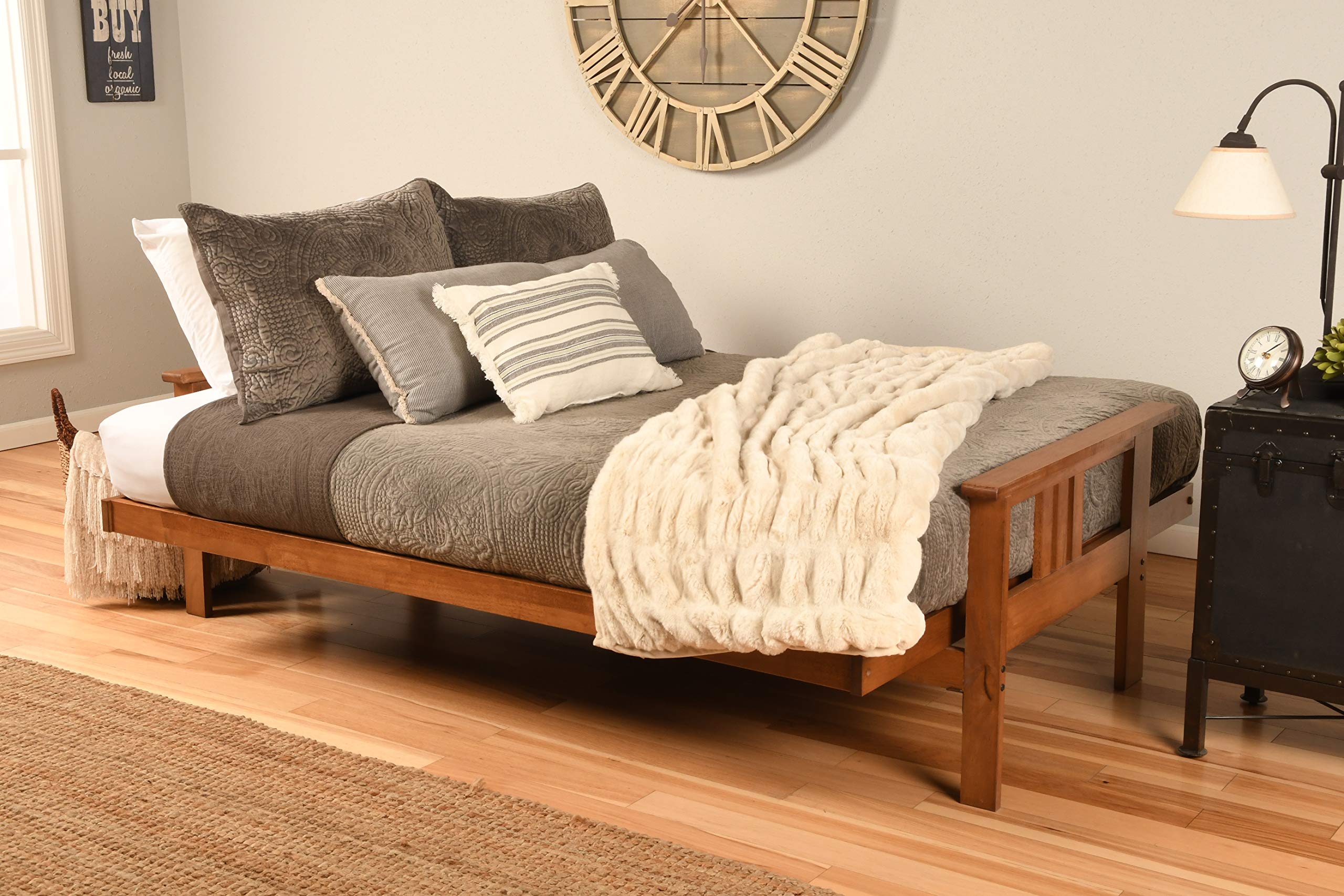 Kodiak Furniture Monterey Full Size Futon Set with Barbados Finish - Linen Charcoal Sofa Bed for Living Room, Guest Room & Small Spaces