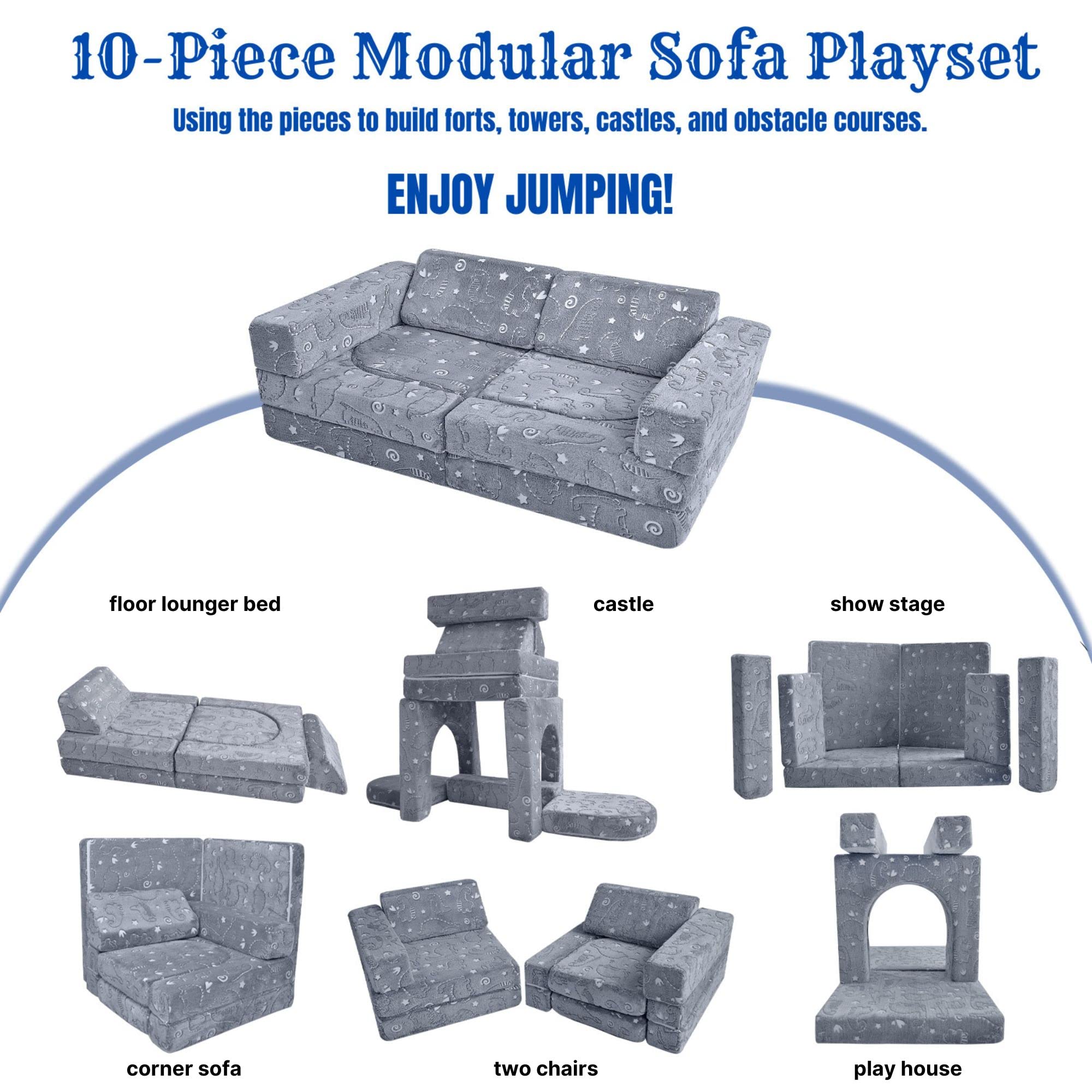 MeMoreCool 10-Piece Modular Kids Play Couch Set - Soft Foldable Sofa for Boys & Girls, Glow-in-The-Dark Dinosaur Design - Perfect for Playroom, Bedroom & Indoor Playtime Activities
