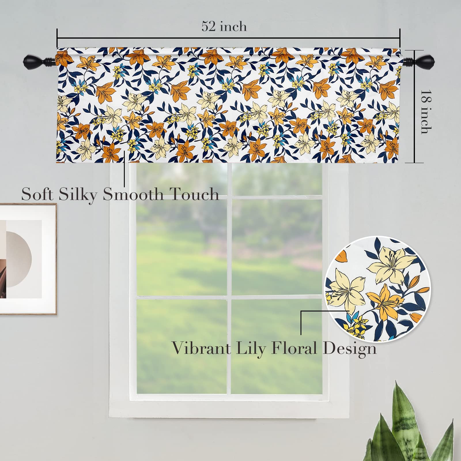 Valance Blackout Curtains for Windows - Floral Kitchen Drapes, Short 52x18 Inches, Home Decor for Living Room, Bedroom, and Nursery
