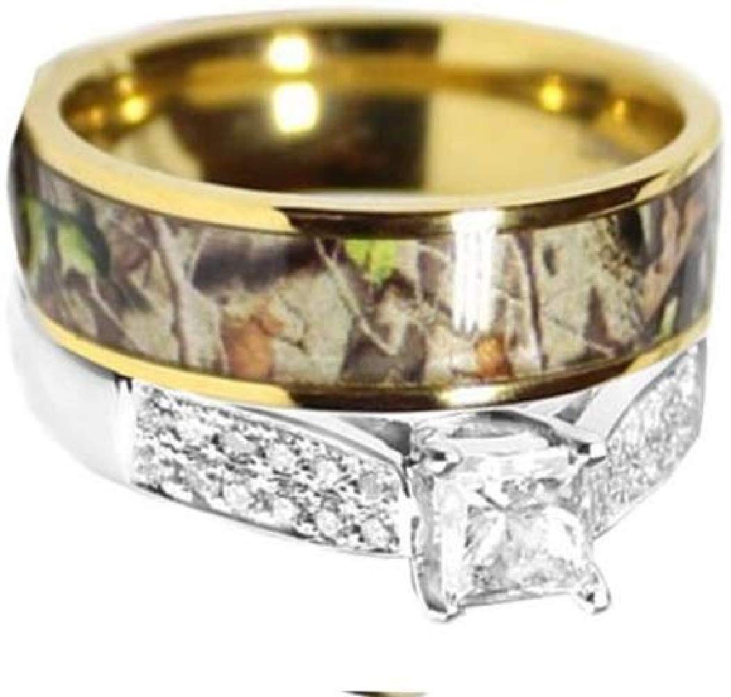 2pc Camo Wedding Rings for Women - Cubic Zirconia Bridal Sets, Engagement & Wedding Ring Sets - Perfect for Outdoor, Hunting & Military-Themed Weddings