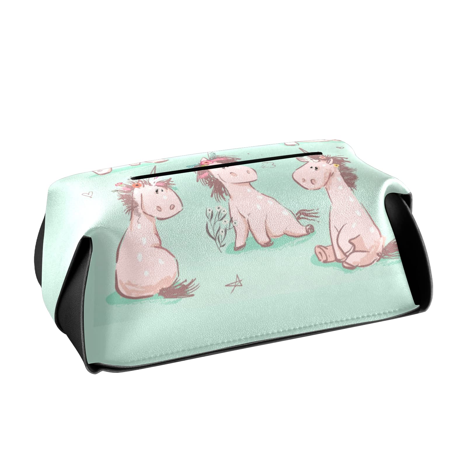 **Cute Cartoon Pink Unicorn Tissue Box Cover - Seamless Turquoise Leather with Handle - 9.4x5.1x3.6 Inches - Perfect for Bathroom, Home, Office, Car & Nightstand Decor**    *(Use Scenes: Adds a whimsical touch to your bathroom vanity, brightens your office desk, or keeps your car tissues stylishly organized!)*
