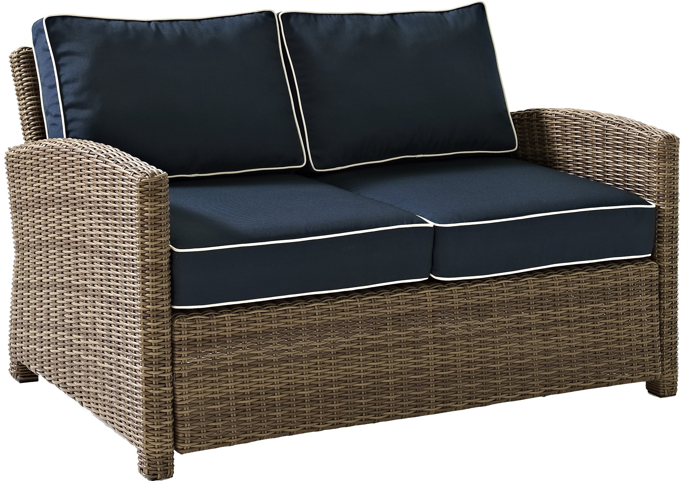 Crosley Bradenton 3-Piece Outdoor Wicker Loveseat Set with Navy Cushions - Patio Furniture for Porch, Garden & Backyard - Brown Weather-Resistant Conversation Set for Relaxing Outdoors