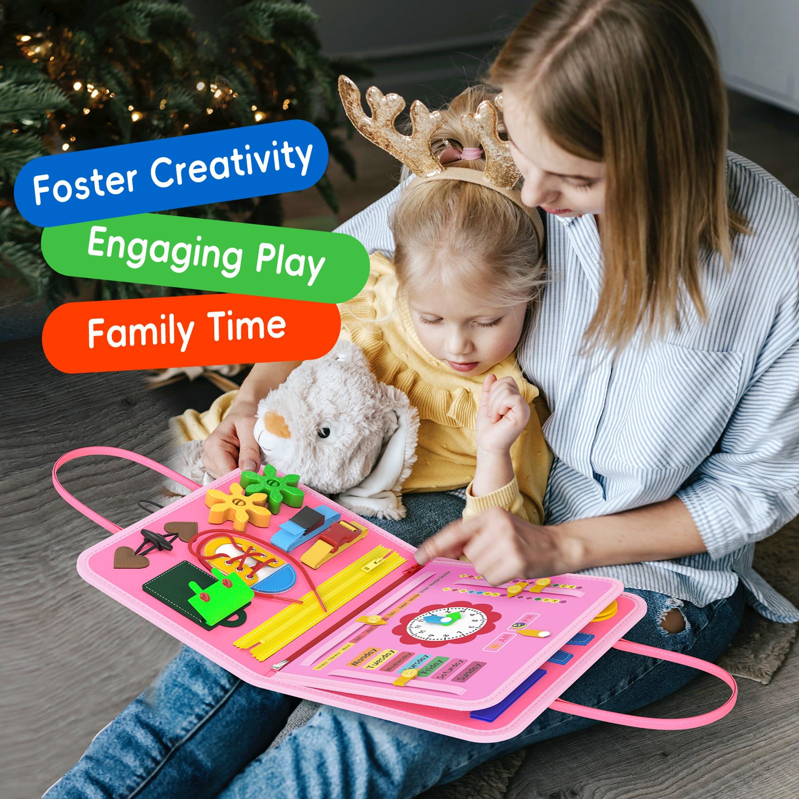Montessori Busy Board Travel Toys for Toddlers 1-4 Years Old - Educational Learning Activity Toy for Preschool Girls & Boys - Perfect Birthday Gift for 2 3 4 Year Olds (Pink Mermaid Design) - Great for Airplane Travel, Car Rides & Quiet Playtime at Home
