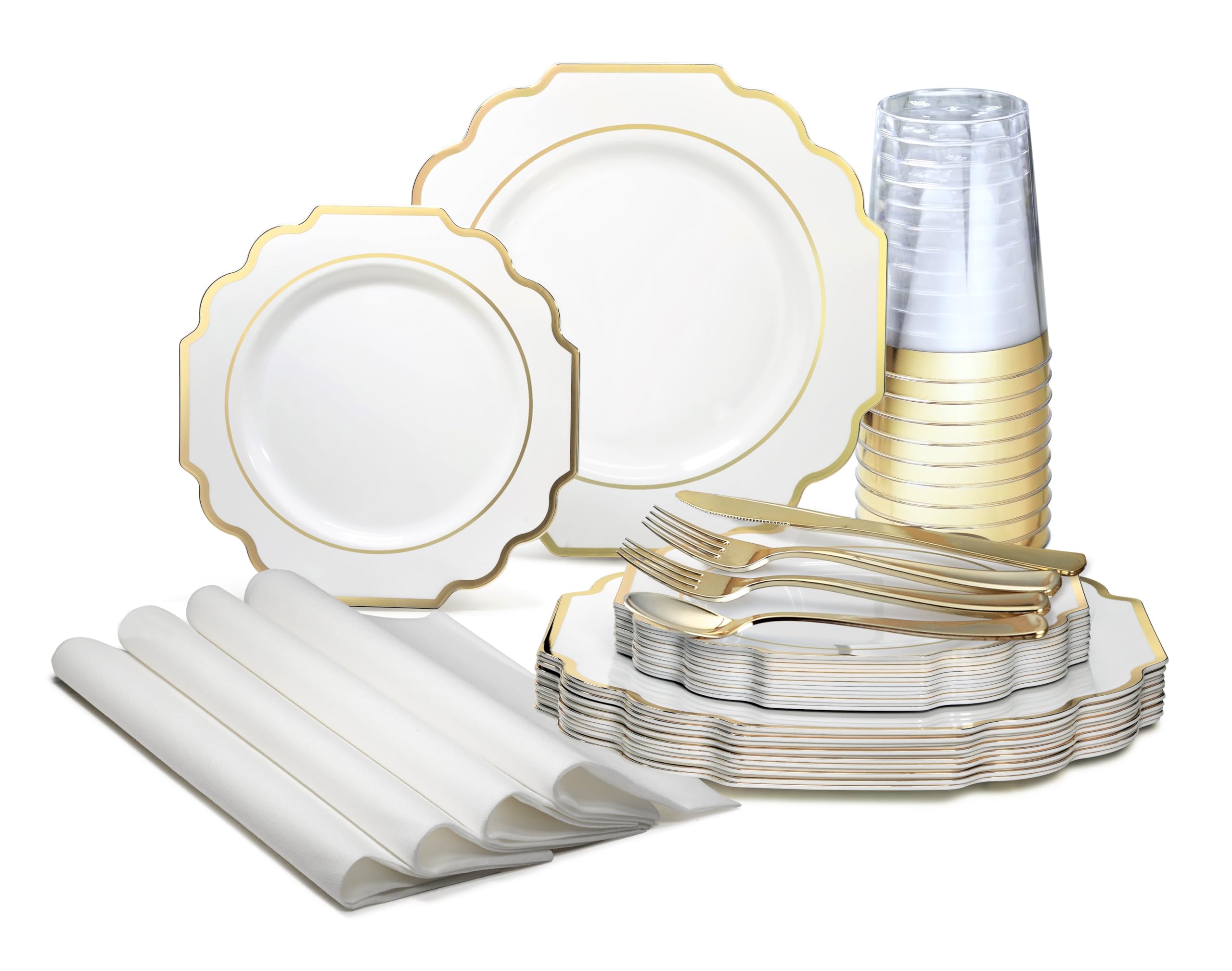 320-Piece Heavyweight Disposable Plastic Plate Set for 40 Guests - 10.5'' & 8'' Plates, Silverware, Cups, Napkins in Imperial White & Gold - Perfect for Weddings, Parties, Catering & Special Events