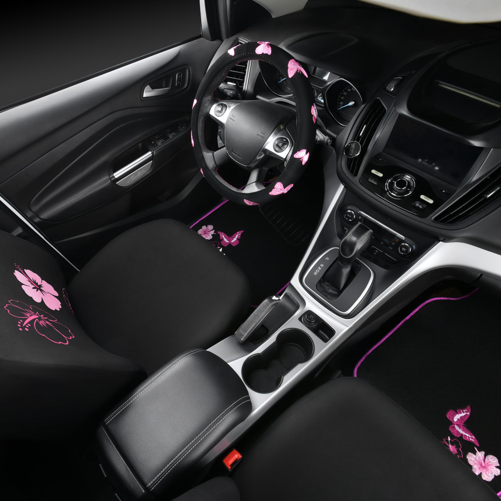 Universal Cloth Butterfly Car Seat Covers Full Set - Waterproof Embroidered Flower Car Floor Mats & Steering Wheel Cover - Black and Pink Interior Accessories for Sedan, SUV, Minivan | Perfect for Daily Commute, Road Trips & Car Protection