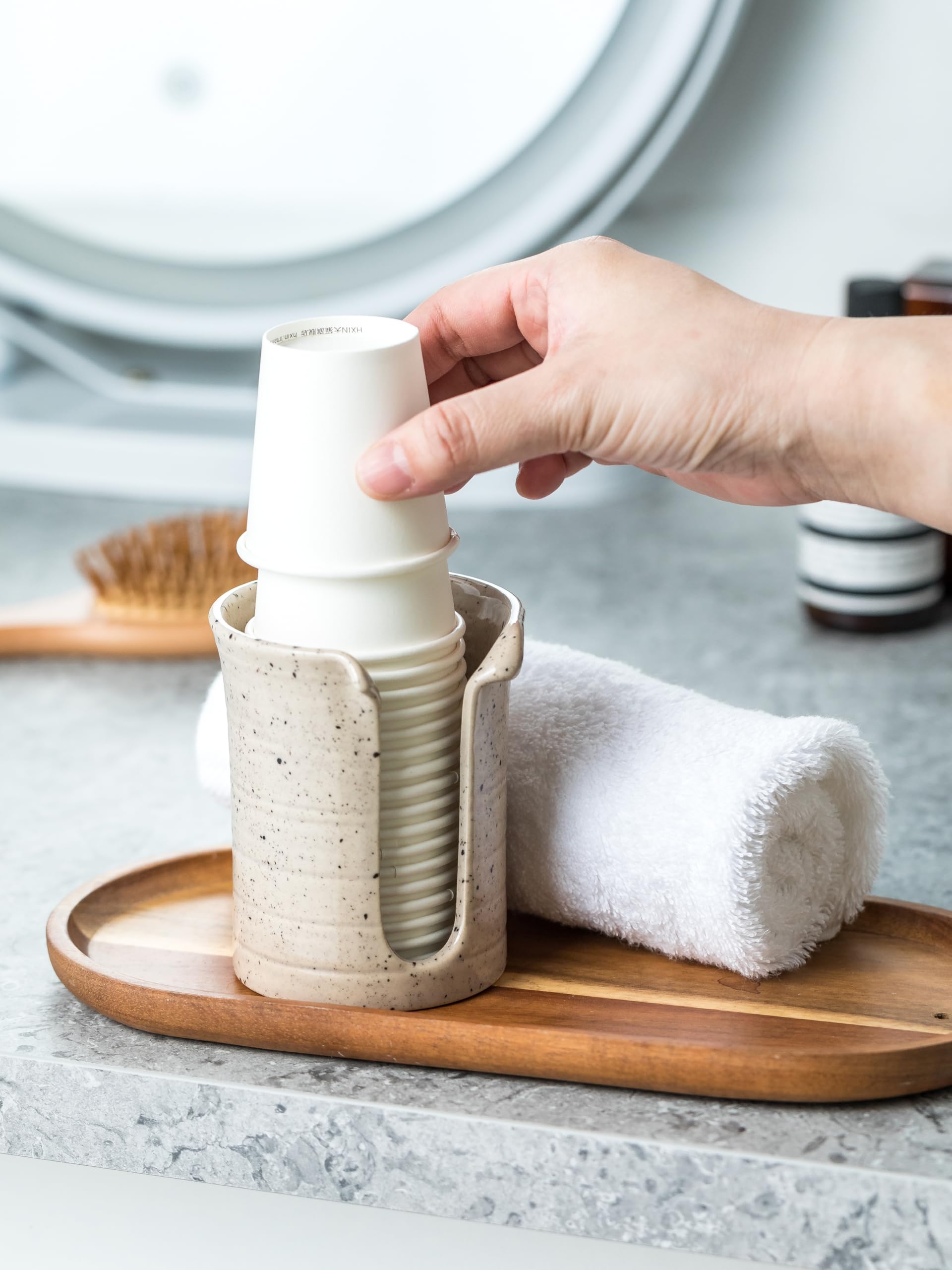 White Ceramic Bathroom Cup Dispenser - 3oz Small Mouthwash Cup Holder for Disposable Paper Cups | Perfect for Bathroom Countertop, Coffee Bar, Office & Hotel Use