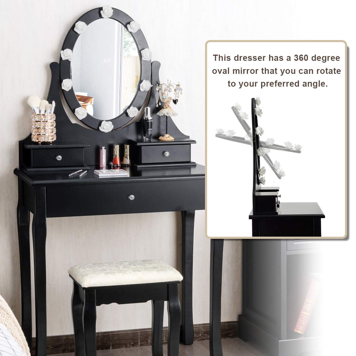 Giantex Modern Vanity Set with Lighted Mirror & Cushioned Stool - 10 Rose LED Lights, 3 Drawers, 360° Rotating Mirror - Dressing Table Makeup Desk for Bedroom, Home Decor (Black) | Perfect for Makeup Application, Skincare Routine & Bedroom Organization