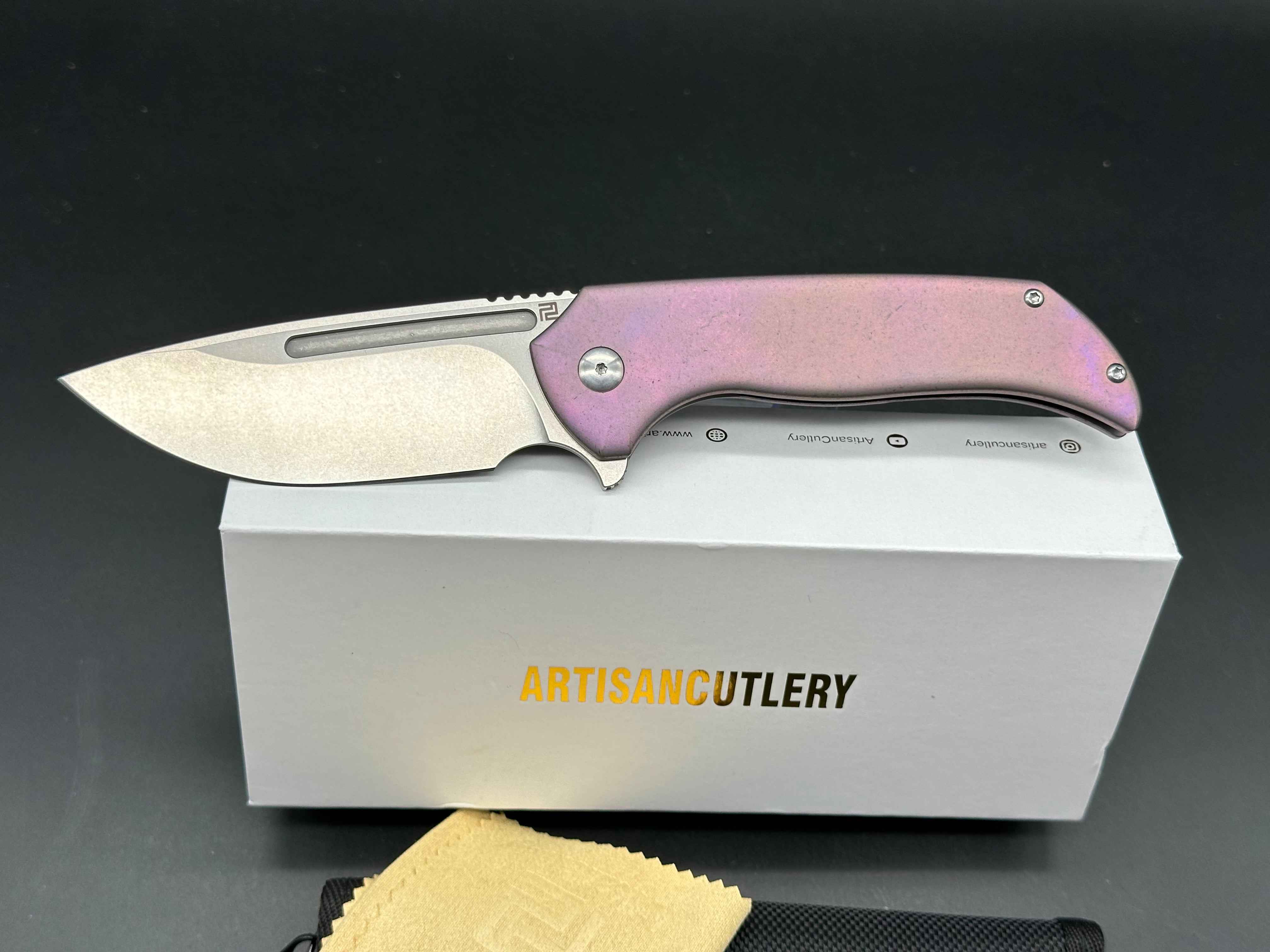 Premium Artisan Trux Frame Lock Folding Knife - Purple Titanium Handle, 3.61