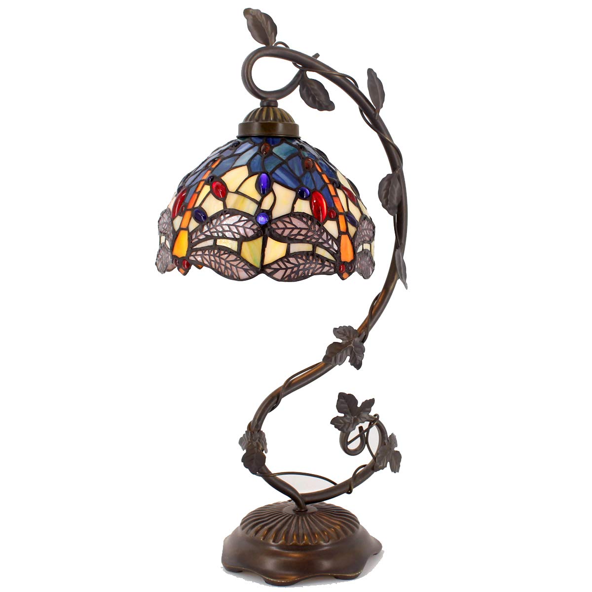 Tiffany Style Stained Glass Table Lamp with Blue & Yellow Dragonfly Design - Metal Leaf Base, 8x10x21 Inches - Perfect for Bedroom, Home Office, Living Room Decor - S128 Series