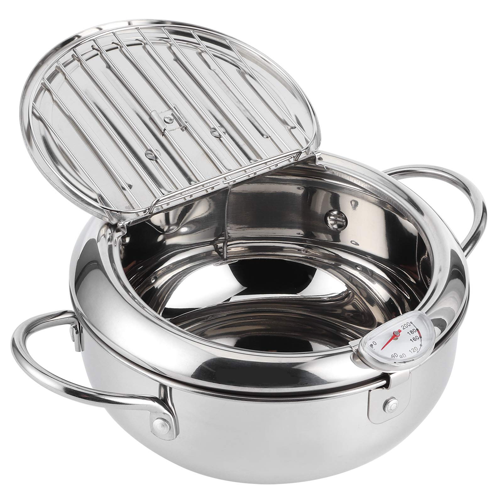 Hyuduo Stainless Steel Tempura Fry Pot with Thermometer - 2.2L Mini Deep Frying Pot for Home Kitchen | Perfect for Cooking Tempura, Chicken Wings, Donuts & More
