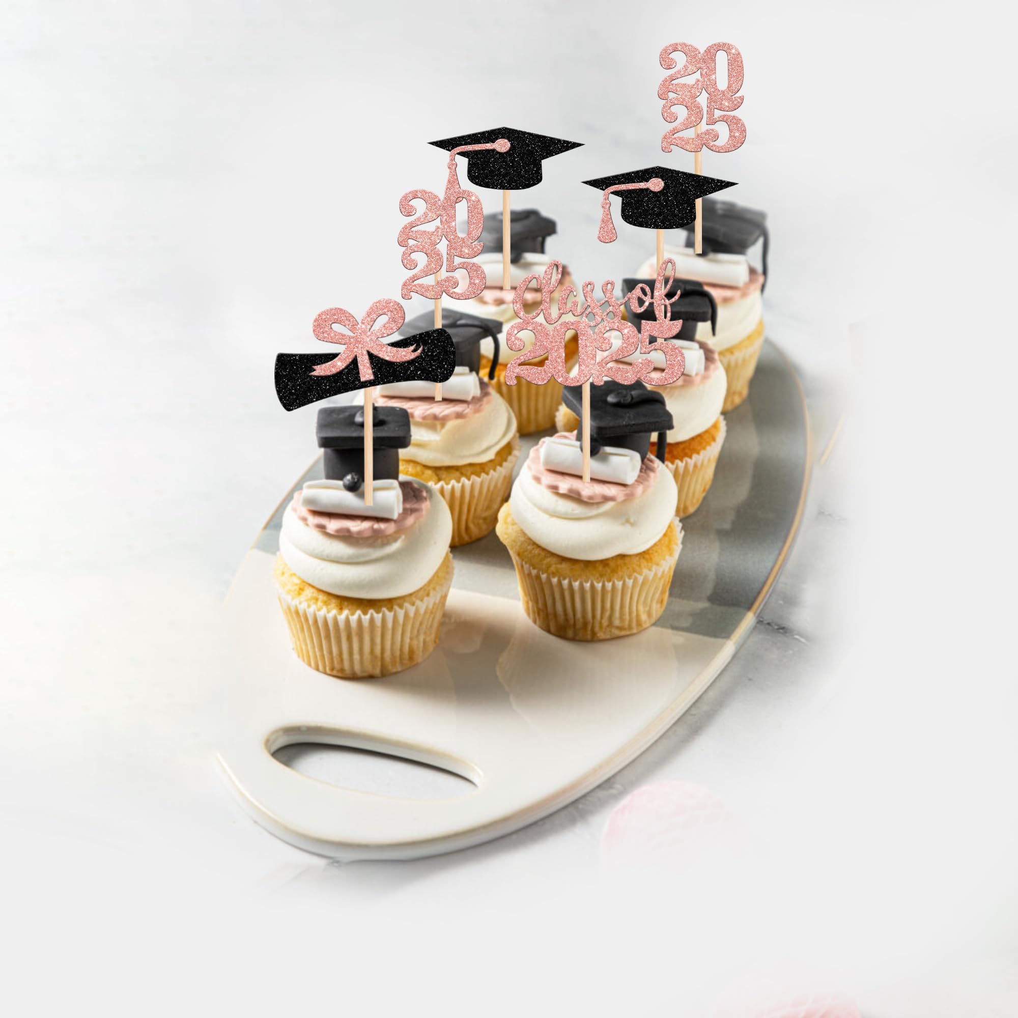 36 PCS 2025 Graduation Cupcake Toppers - Glitter Class of 2025 Graduation Cap & Diploma Cake Decorations - Rose Gold Party Supplies for Graduation Ceremony, School Celebration & Dessert Table Decor