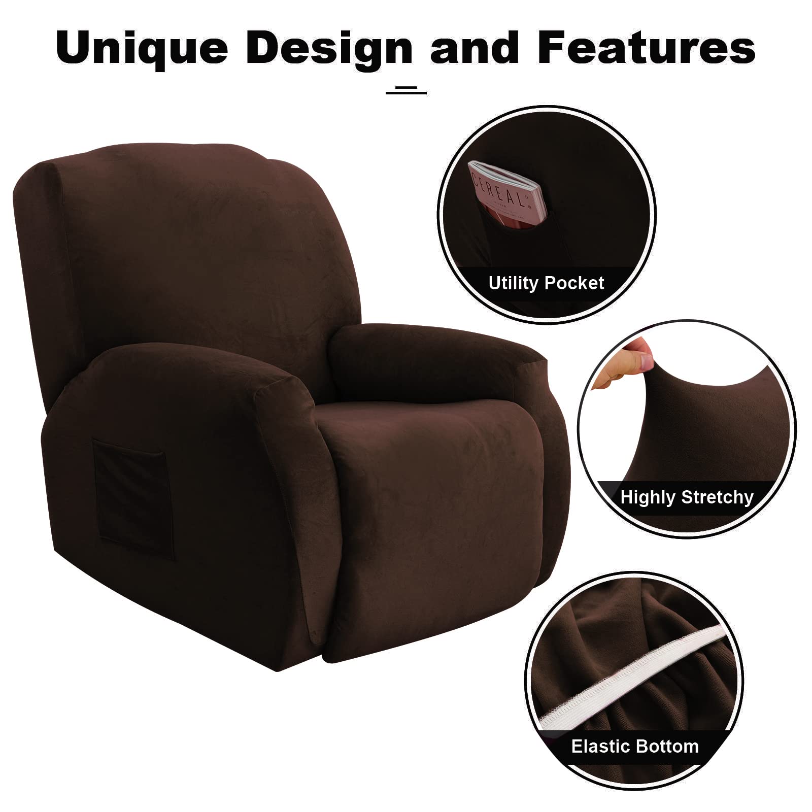 OKYUK 4-Piece Recliner Slipcover Set - Oversized Stretch Sofa Cover for Single Seat Recliners, Soft Velvet Fabric Furniture Protector, Machine Washable (Coffee Brown) - Perfect for Living Room, Home Theater & Office Chairs
