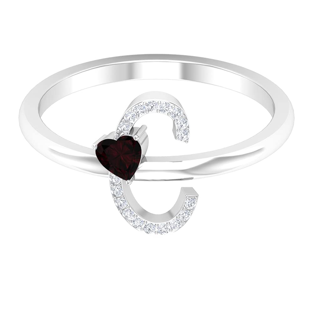 Garnet & Diamond Rings for Women | Diamond Alphabet A-Z Initial Rings | 14K White Gold Heart Letter Rings | Perfect for Engagements, Anniversaries & Personalized Gifts