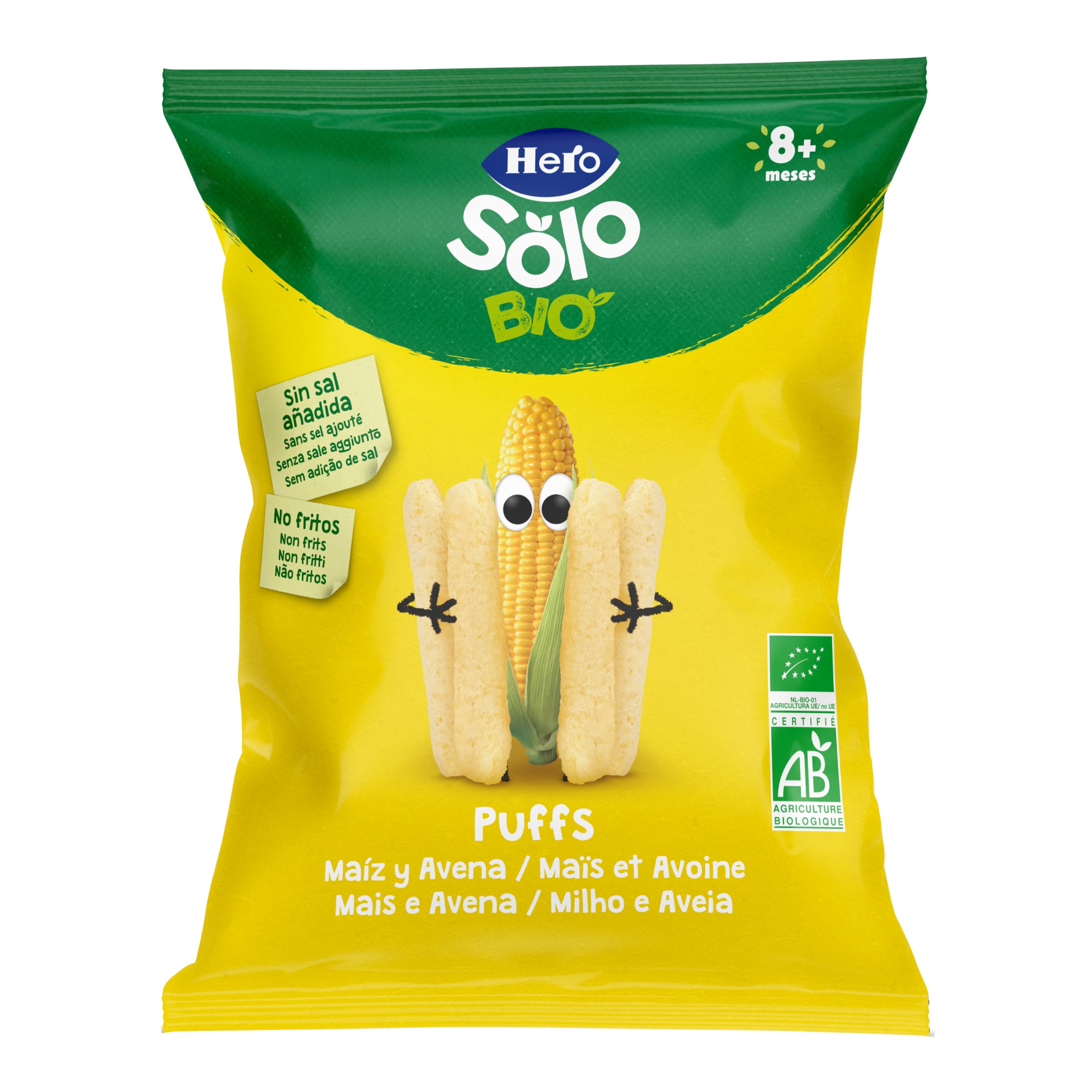 Hero Solo - Organic Corn & Oat Snacks for Babies 8+ Months, 100% Natural, Sugar-Free, Gluten-Free, No Additives, Eco-Friendly - 5x25g Pack - Perfect for On-the-Go Healthy Snacking & Baby Food