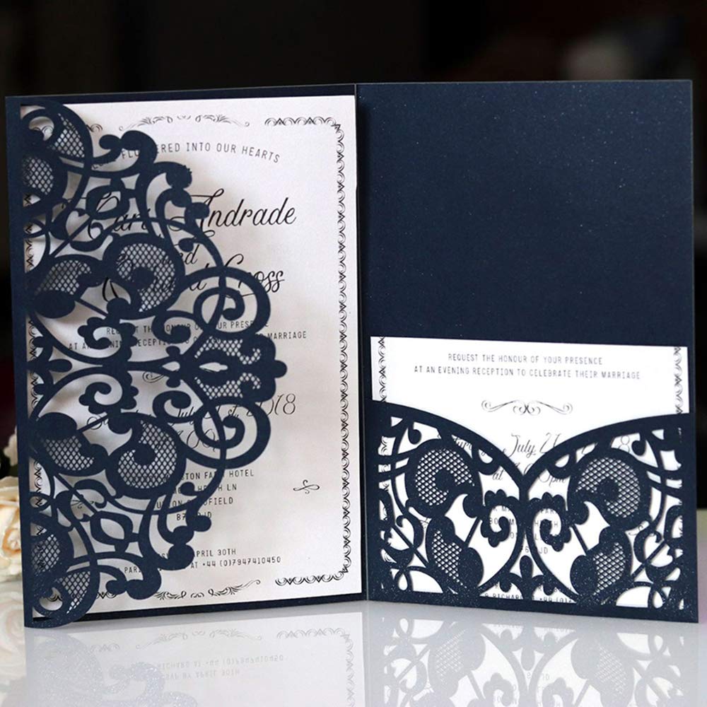 Elegant Lace Flower Hollow Out Wedding Invitation Cards with Blank Inner Sheets - 10 Sets Navy Blue for Wedding, Bridal Shower, Engagement, Birthday & Baby Shower - Perfect for DIY Invitations and Special Events