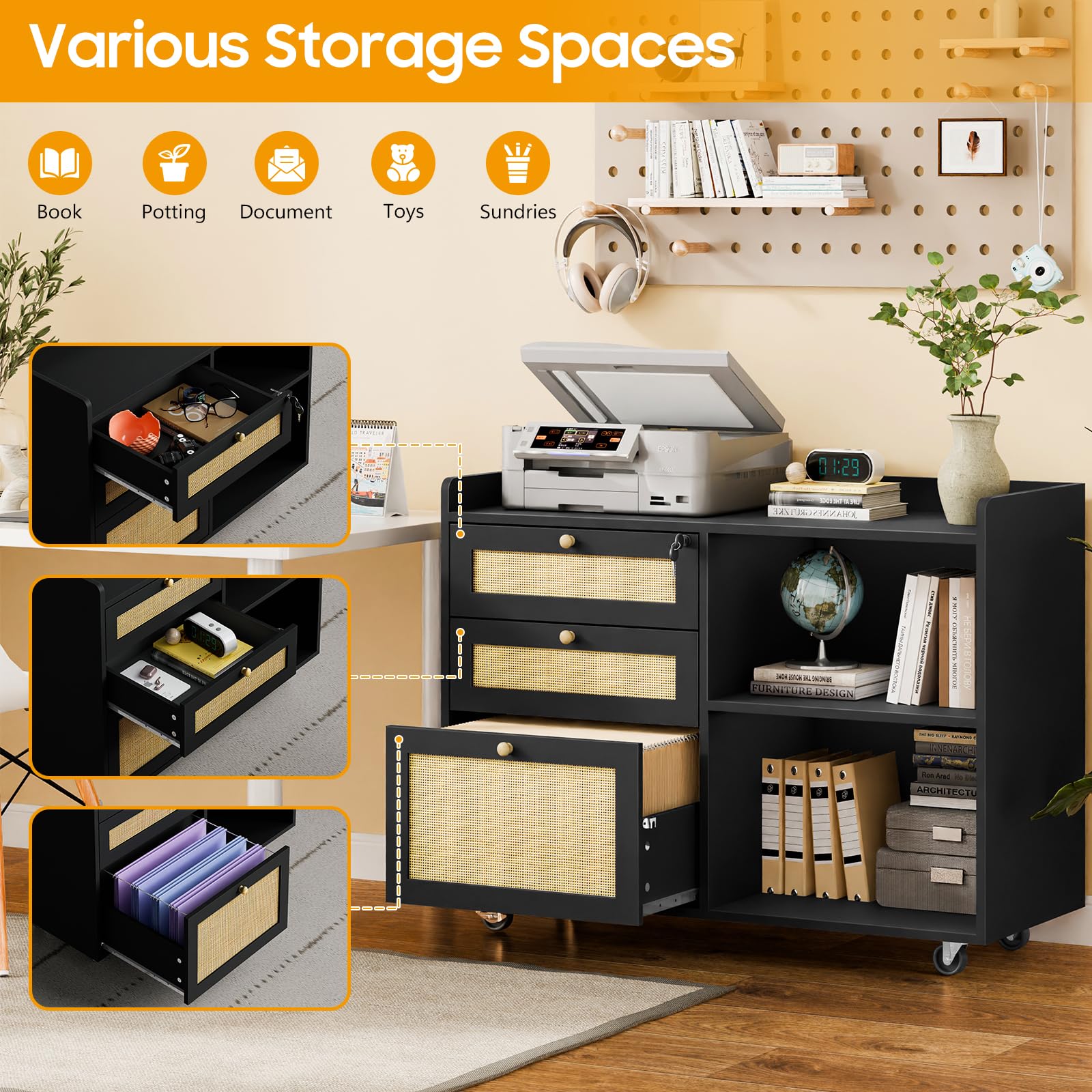 Rattan Lateral File Cabinet with 3 Drawers and Shelves - Large Storage Organizer for Home Office, Mobile Printer Stand with Lock - Fits Legal/Letter/A4 Size Documents - Perfect for Organizing Files, Office Supplies, and Workspace Essentials