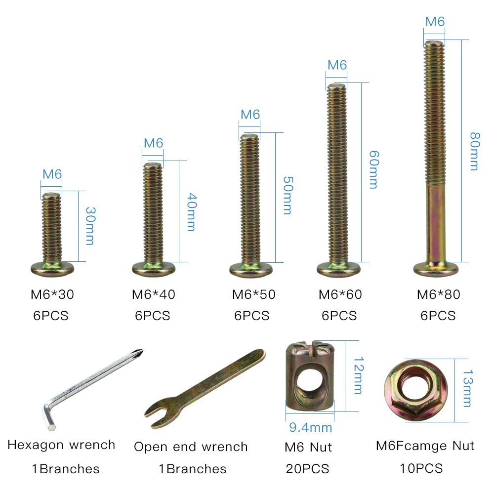 62PCS M6 Furniture Bolts and Nuts Kit - Crib Screws Hardware Replacement Set for Baby Cribs, Bunk Beds, and DIY Furniture Projects | Durable Fasteners for Home Assembly and Repair