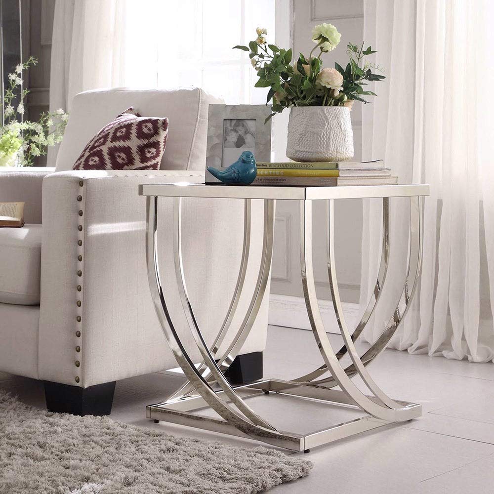Modern Steel Arch Curved Sculptural End Table - Bold Black Glam Urban Square Chrome Metal Nickel Brushed with Hardware - Perfect for Living Room, Bedroom, or Office Decor