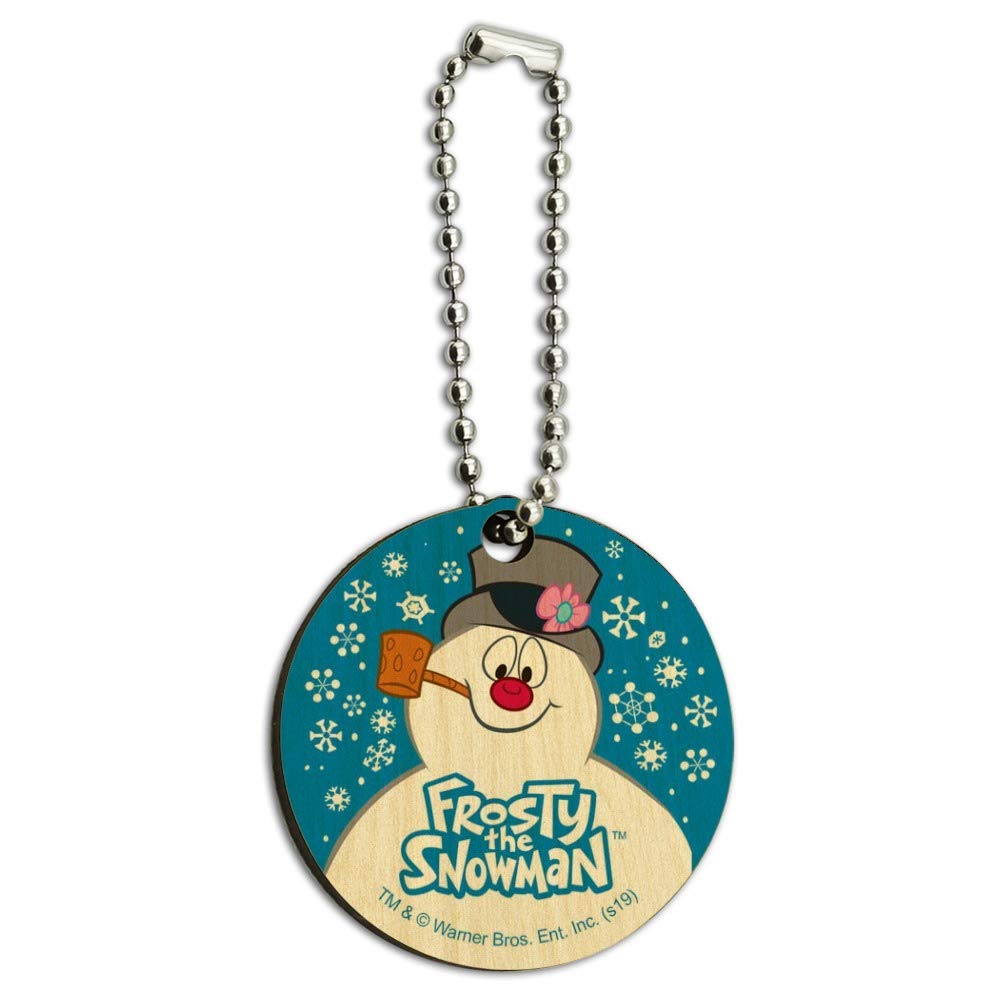 Frosty the Snowman Snowing Wooden Round Keychain - Christmas Holiday Gift & Decorative Key Ring for Winter Accessories