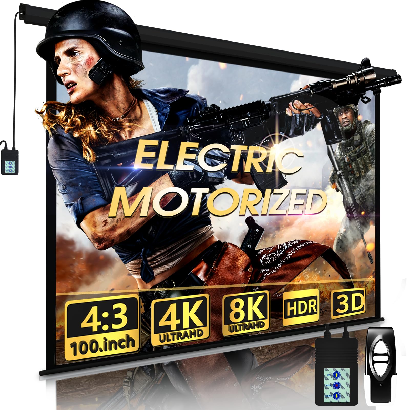 Aoxun 100 Inch Motorized Projector Screen - Electric Pull Down Projector Screen with Remote Control for Indoor & Outdoor Movies | Perfect for Home Theater, Backyard Movie Nights and Office Presentations