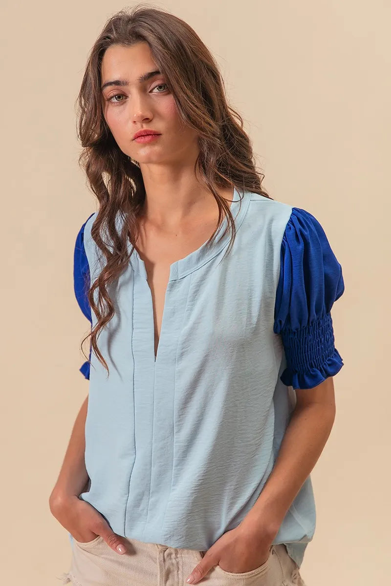 BiBi Air Flow Color Block Puff Sleeves V Neck Top - Breathable Summer Blouse for Women, Fashionable Casual Wear for Outings & Dates