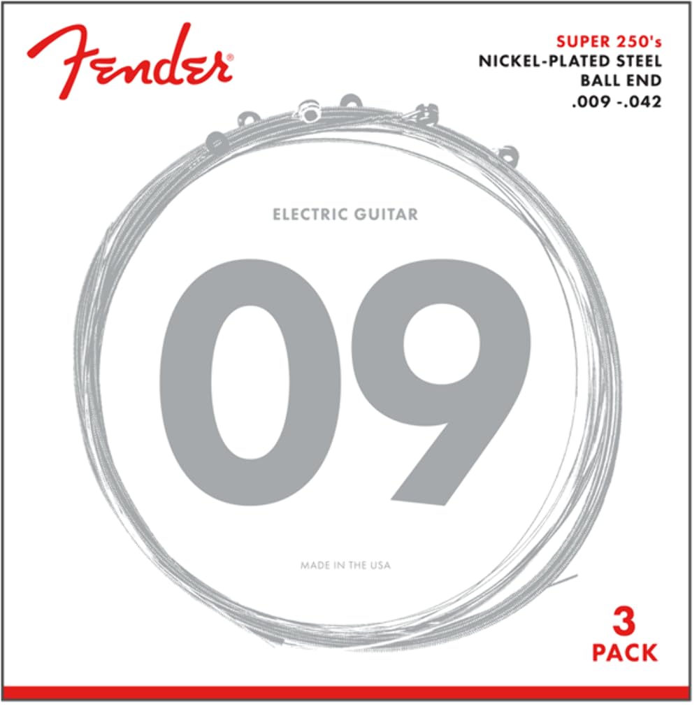 Fender Super 250 Nickel Plated Steel Electric Guitar Strings - 3 Pack (.009-.042 Gauge) for Rock, Blues & Live Performances - Ball End Design for Easy Installation