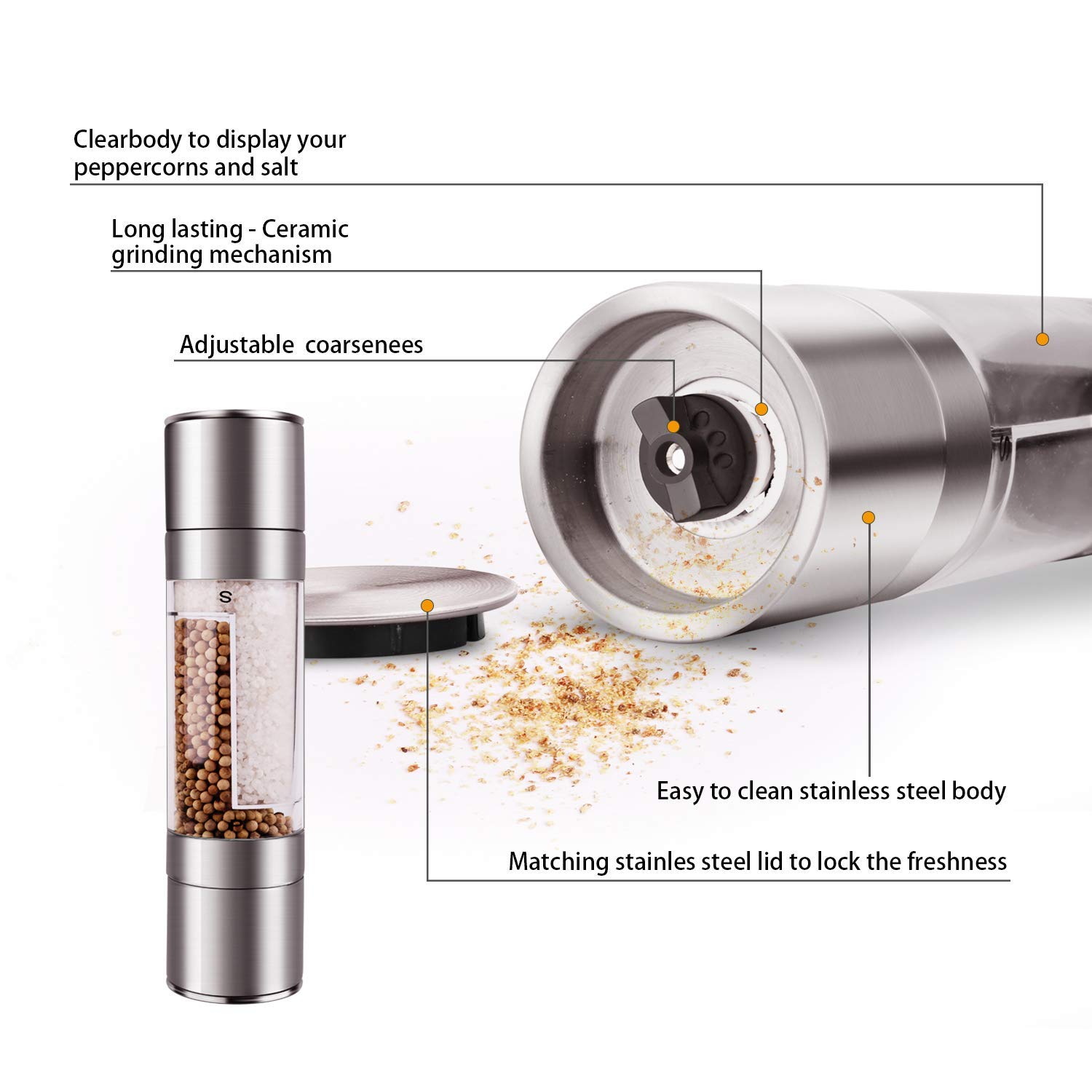 Premium Mixoo 2-in-1 Stainless Steel Salt and Pepper Grinder Set - Adjustable Coarseness Ceramic Rotor, Refillable Dual Clear Acrylic Chamber for Freshly Ground Spices - Perfect for Kitchen, Dining Table & Outdoor BBQ
