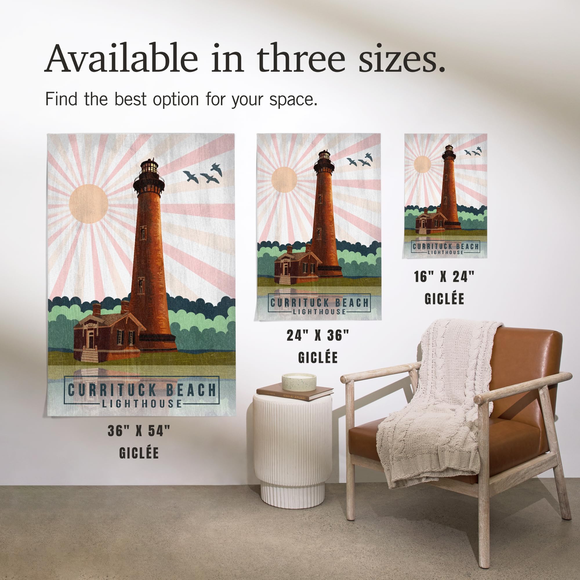 Lantern Press 36x54 Inch Giclee Art Print - Outer Banks North Carolina Coastal Wall Decor with Currituck Beach Lighthouse Design | Geometric Opacity Press Style | Perfect for Living Room, Bedroom or Office Decoration