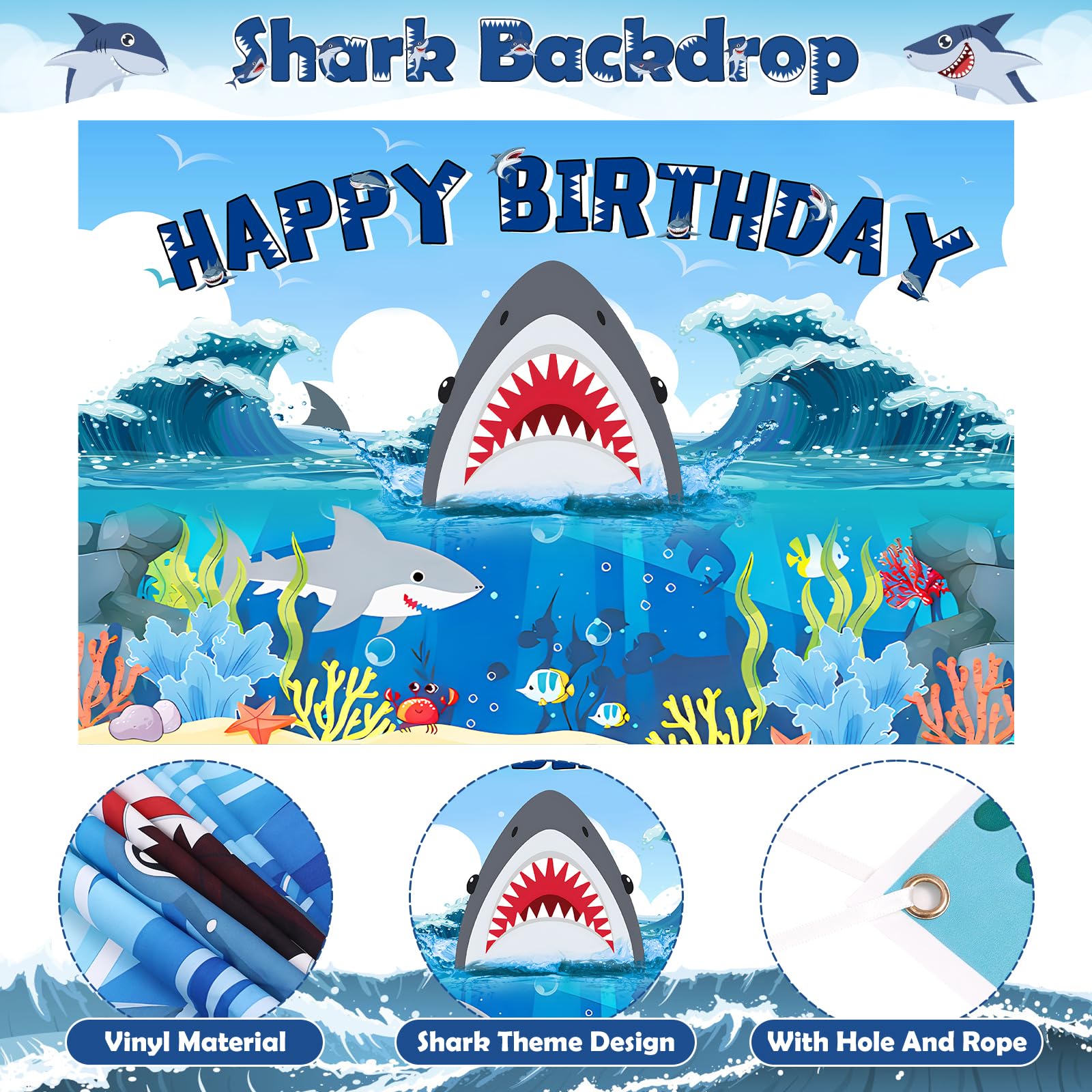 **Winrayk 145Pcs Shark Birthday Party Decorations Kit - Ocean Themed Balloon Garland Arch, Backdrop, Tablecloth & Star Balloons for Kids Boys - Perfect for Under the Sea Birthday Party, Baby Shower & Themed Events**