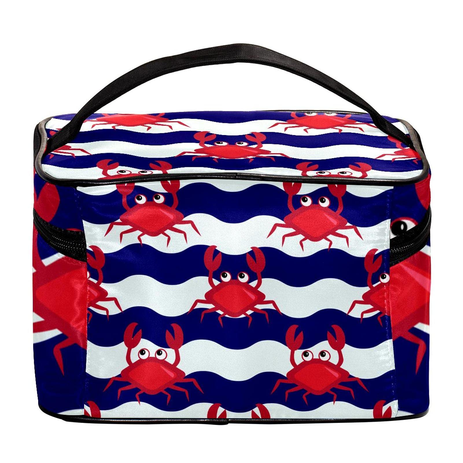 Cute Crab Blue Wave Pattern Travel Makeup Bag - Large Cosmetic Organizer with Zipper for Women & Girls | Perfect for Vacation, Gym & Daily Essentials Storage