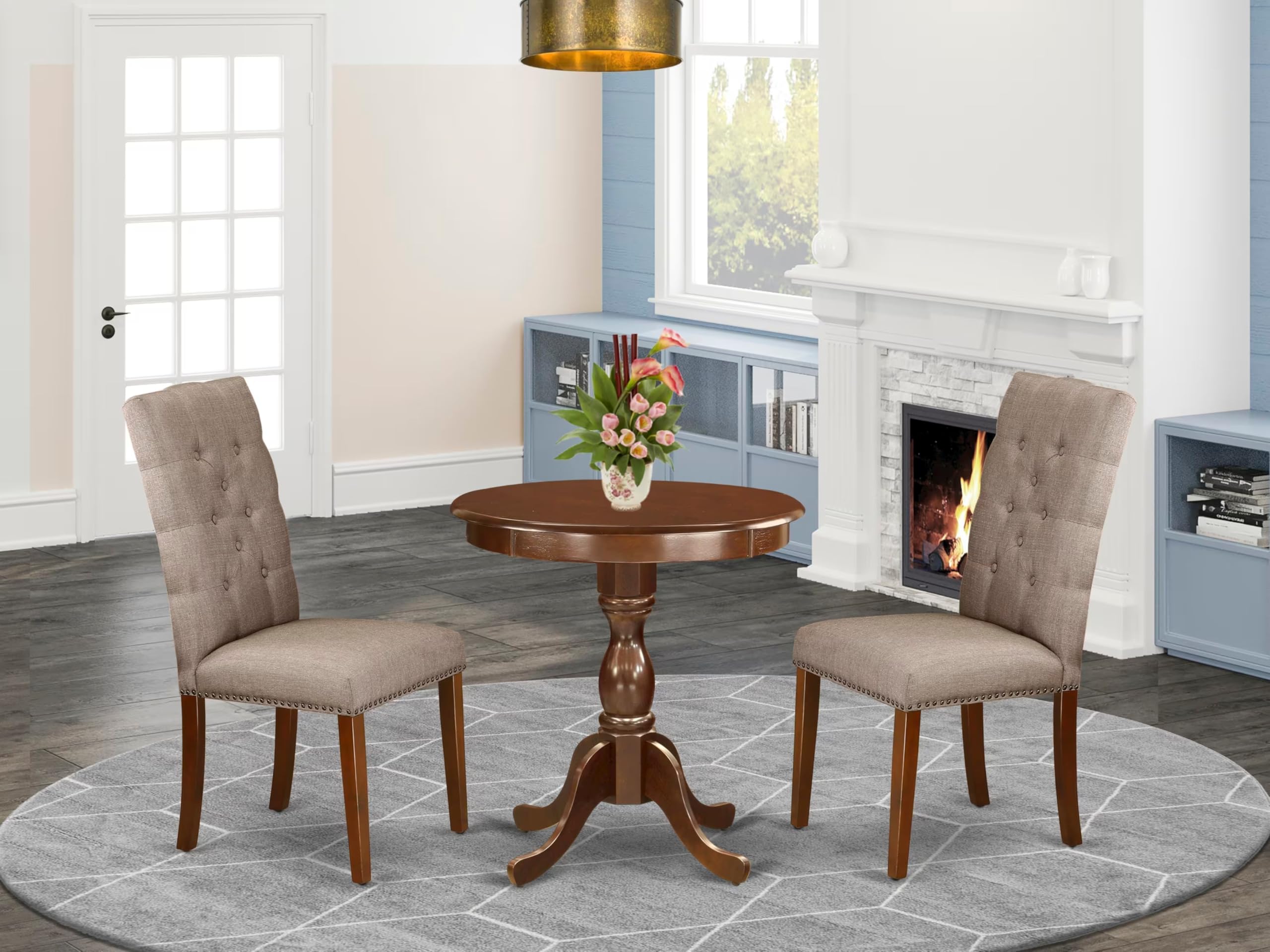 East West Furniture ESEL3-MAH-16 3-Piece Small Space Dining Set - Round Pedestal Table & 2 Dark Khaki Linen Chairs, 30x30 Inch, Mahogany - Perfect for Apartments, Breakfast Nooks & Cozy Kitchens