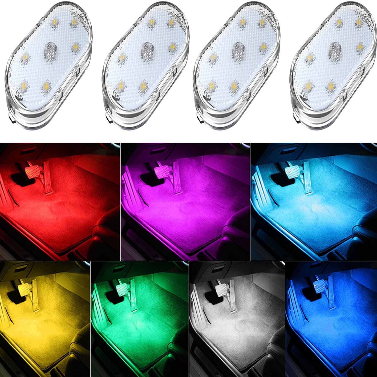4Pcs Wireless LED Lights for Car Interior - 7 Color Changing Ambient Lighting, USB Rechargeable Car Decor Lights for Mood & Night Driving - Perfect for Car Parties, Romantic Dates & Interior Customization