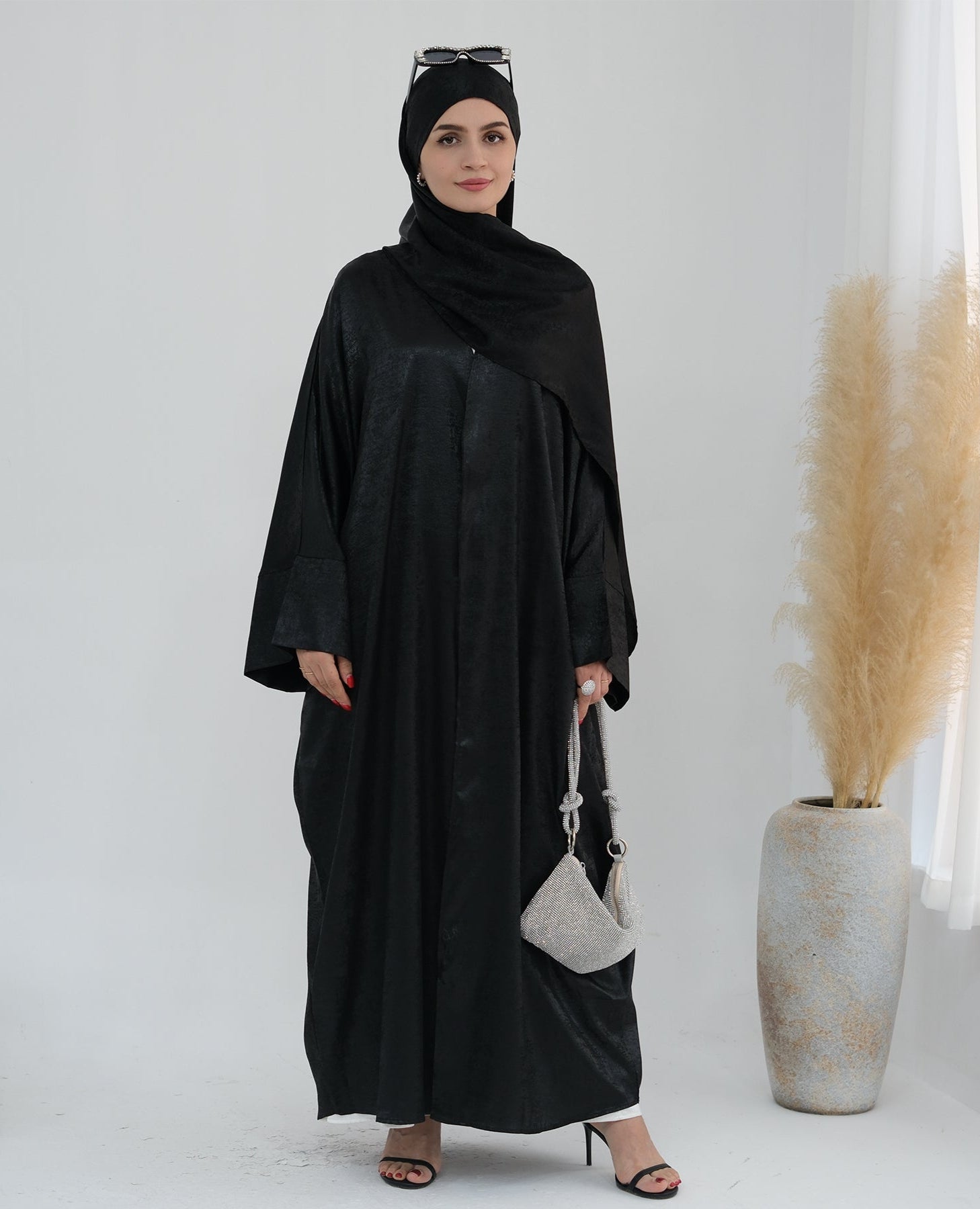 Draya Shimmer Kimono Open Abaya - Elegant Black Muslim Dress for Women | Perfect for Prayer, Evening Wear, and Special Occasions