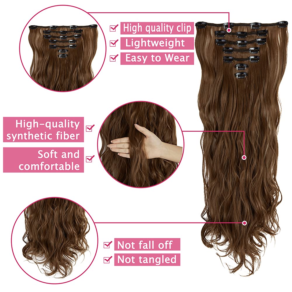24 Inch Wavy Curly Clip-in Hair Extensions - 7 Piece Double Weft Synthetic Hair Set with 16 Clips (160g) - Ash Blonde Ginger Mix for Volume & Length - Perfect for Parties, Weddings & Daily Styling