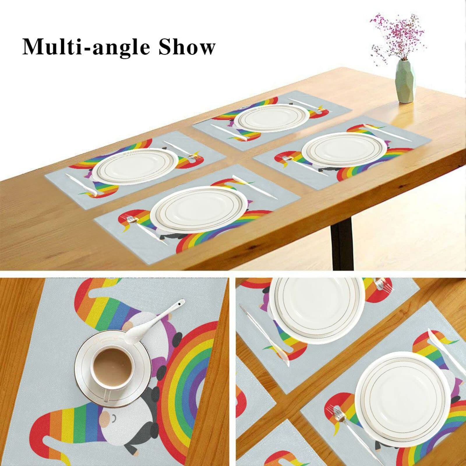 Rainbow Pride Placemats Set of 4 - LGBT Gnome Valentine Themed Washable & Heat Resistant Kitchen Table Mats 12x18 Inch - Perfect for Dining, Parties & LGBTQ+ Celebrations
