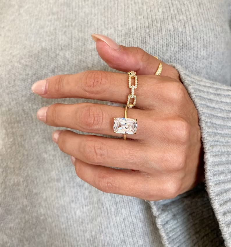 5 Carat Radiant Cut Diamond Solitaire Engagement Ring for Women - 14K Yellow Gold & 925 Sterling Silver Wedding Band - Handmade Promise Ring Set - Perfect Gift for Her, Anniversary, Proposal, or Valentine's Day