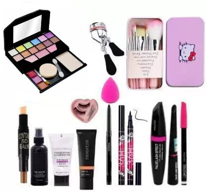 TUMR 5024 Professional 20-Piece Makeup Kit with 7 Black Brushes, Contour Stick, Primer, Fixer, Foundation, Kajal, 36H Eyeliner, Lashes & Curler, Beauty Blender, 3-in-1 Liner, Mascara & Eyebrow Pencil – Perfect for Bridal, Party & Everyday Makeup Looks