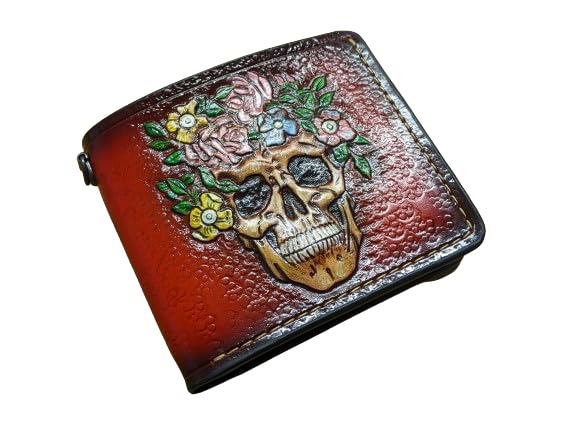 3D Carved Genuine Leather Men's Wallet with Skull & Floral Design - Handmade Biker Wallet, Custom Personalized Gift for Men - Perfect for Motorcycle Riders, Everyday Carry & Unique Gifting