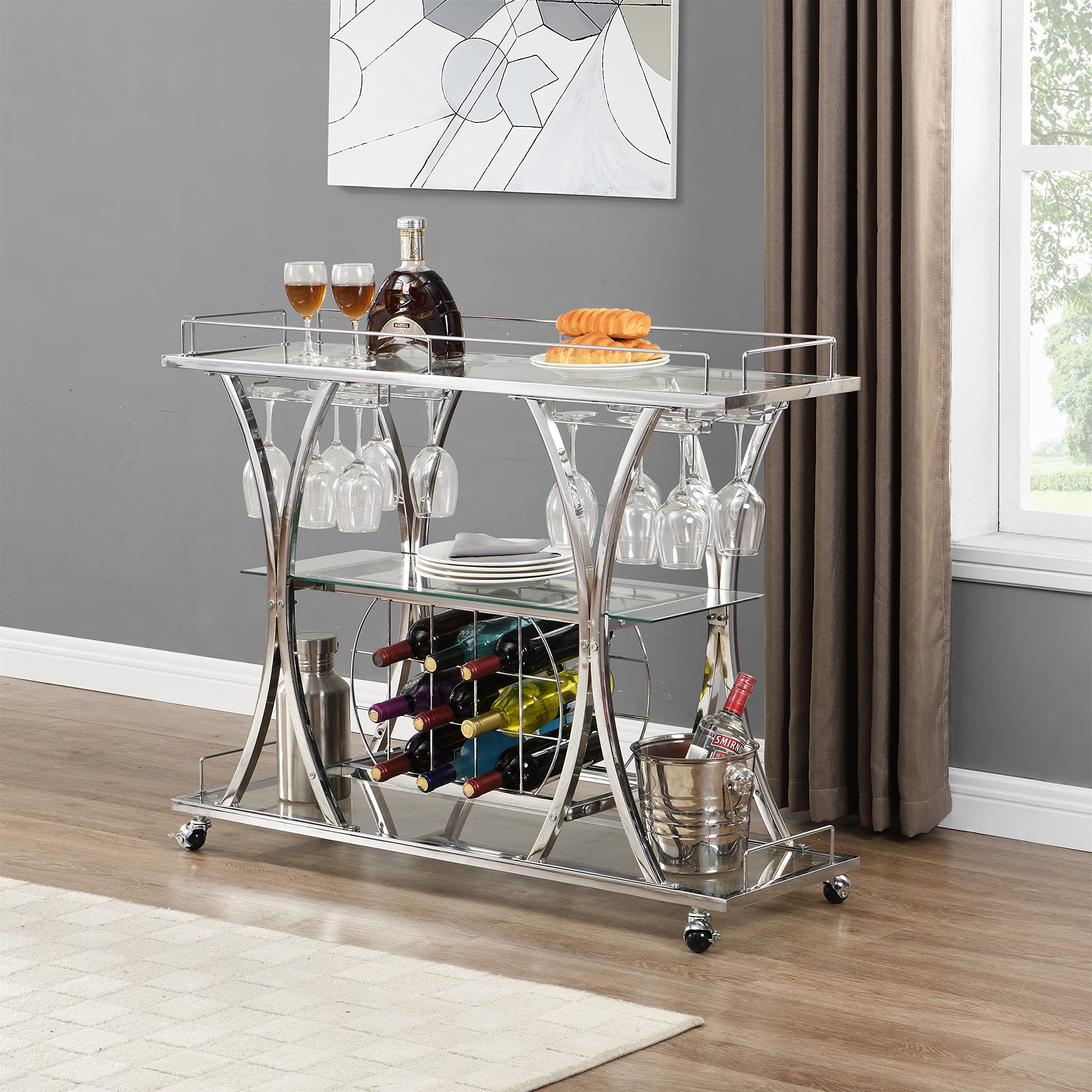 3-Tier Mobile Bar Cart with Wine Rack & Glass Holder - Chrome Metal Kitchen Serving Cart with Wheels & Storage | Perfect for Home Bars, Parties, and Kitchen Organization