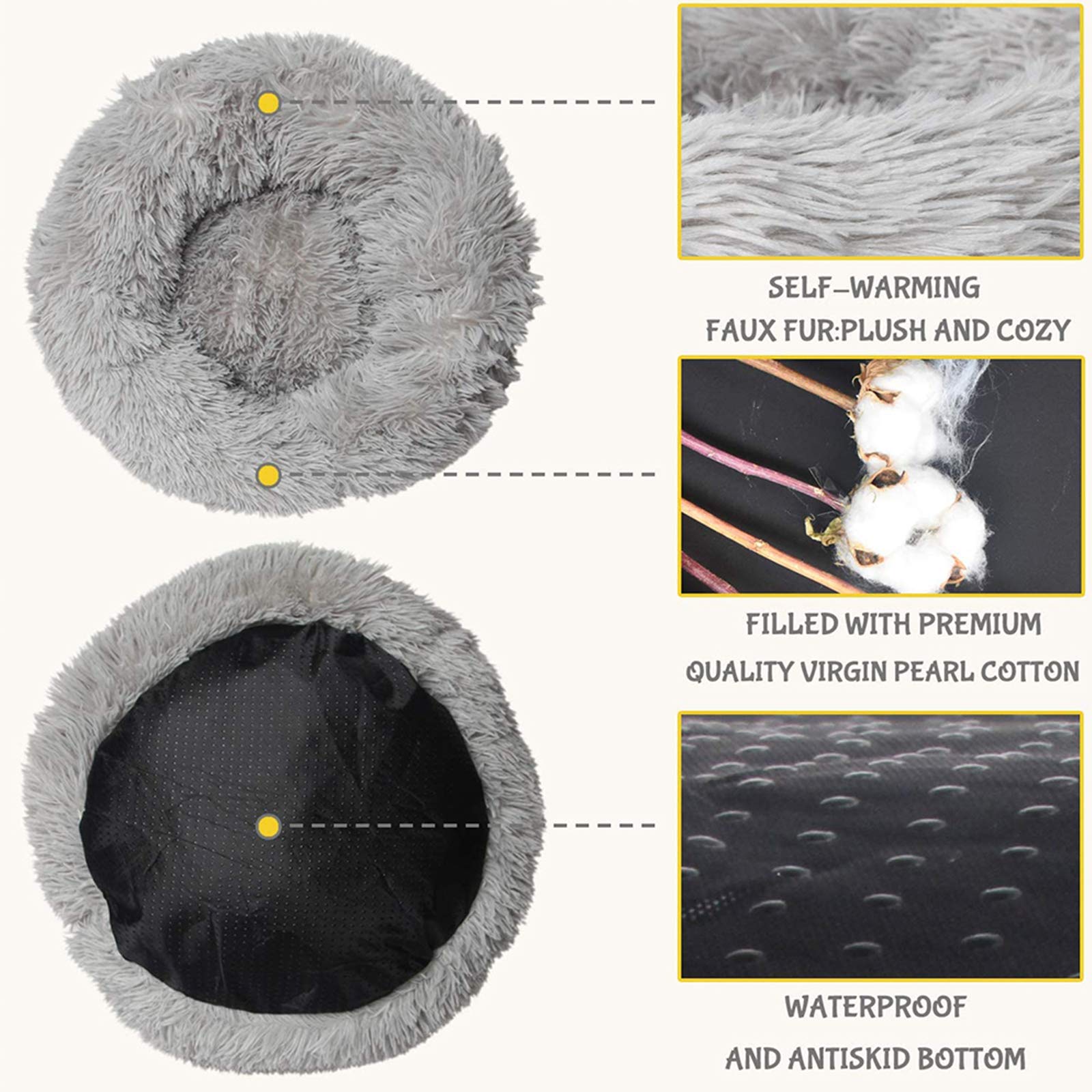 Cozy Donut Cat Bed for Indoor Cats & Small Dogs - Fluffy Round Plush Faux Fur Pet Bed with Self-Warming Feature, Waterproof Bottom & Machine Washable - Perfect for Winter Sleeping & Calming Anxiety Relief