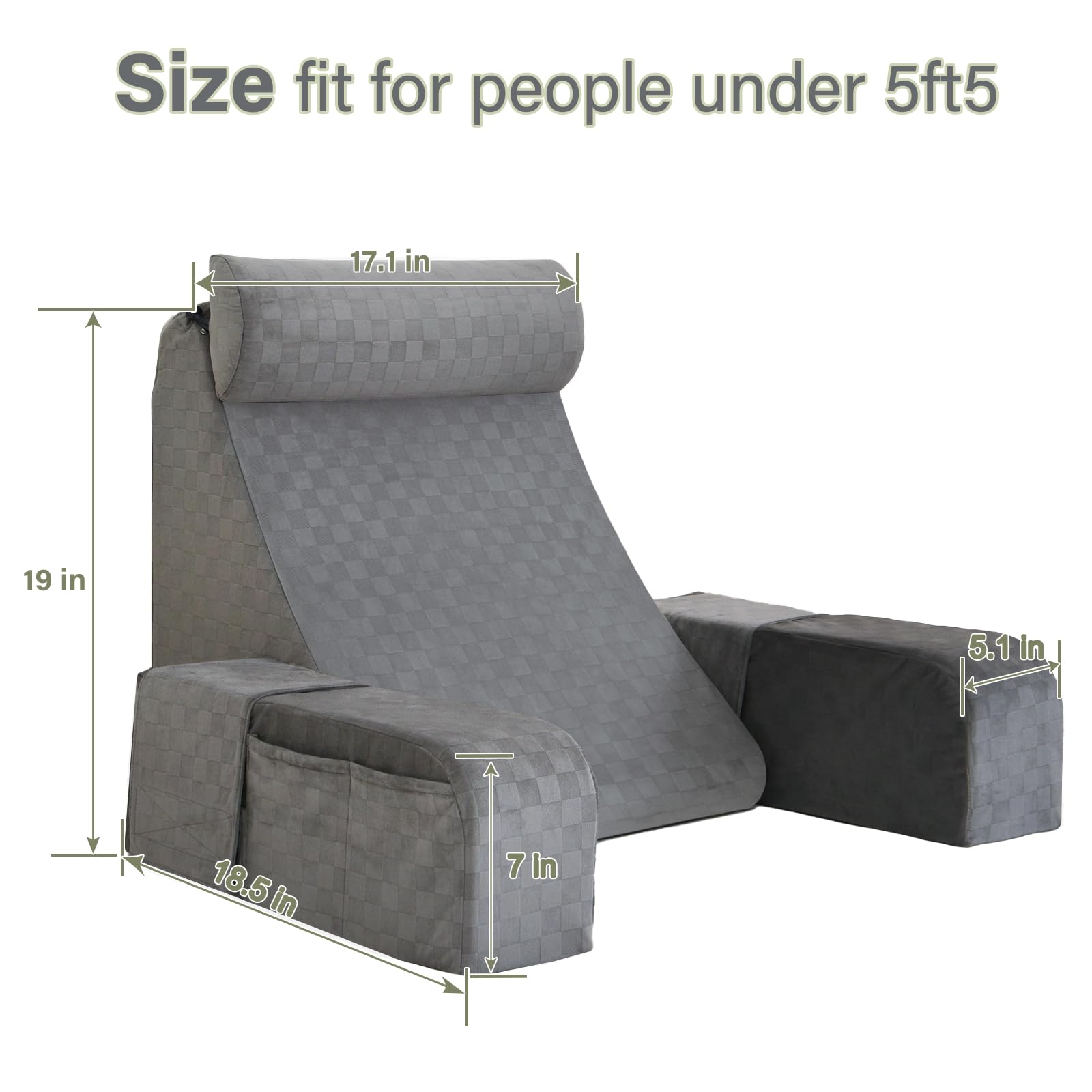 Vekkia Reading Pillow for Adults - Adjustable Backrest Support Pillow with Arms & Large Pockets - Perfect for Bed, Floor, Sofa - Ideal for Reading, Gaming, Working, Watching TV & Relaxing - 19 Inch Grey
