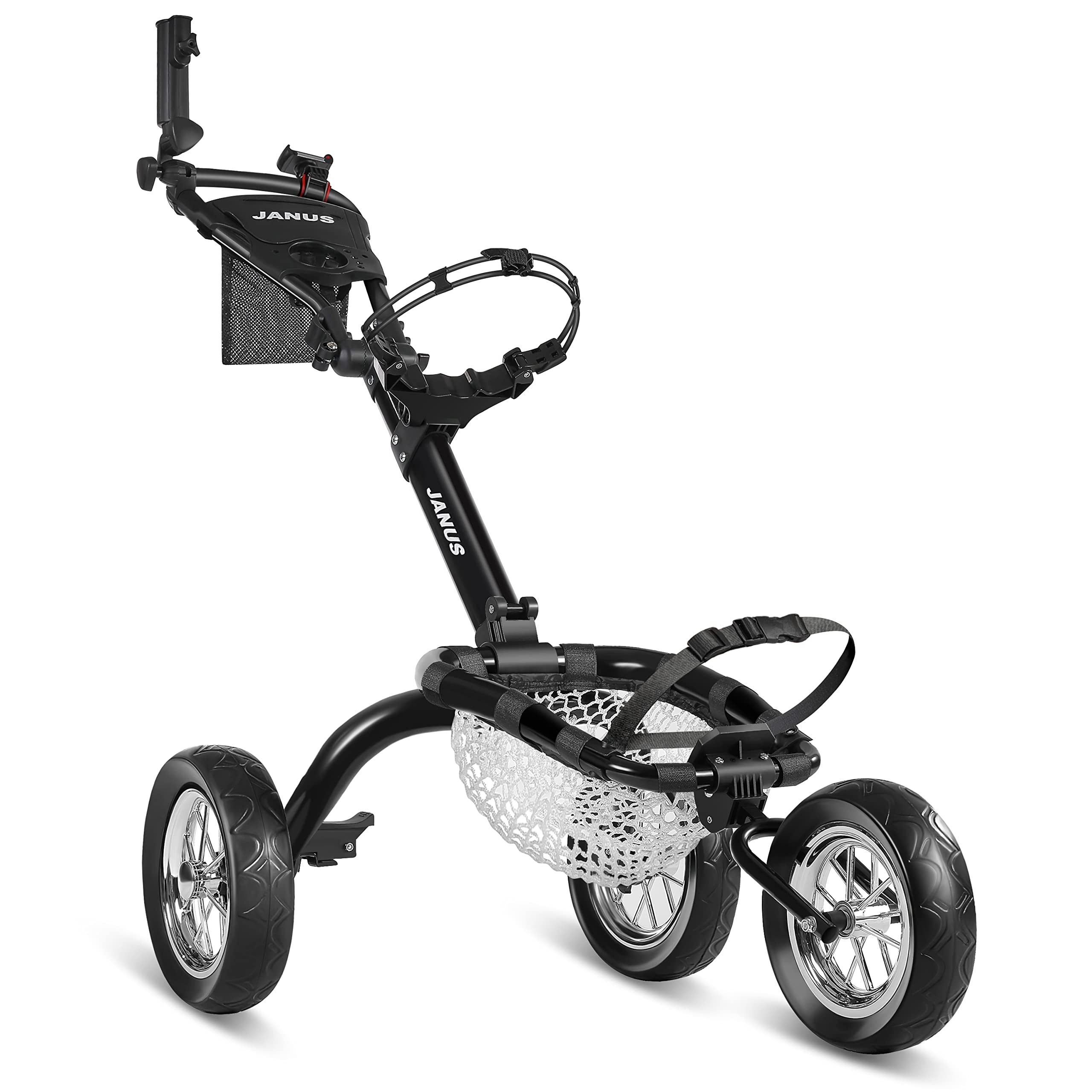 JANUS Foldable Golf Push Cart with Golf Net - Lightweight Portable Golf Caddy with Foot Brake, Umbrella Holder & Phone Mount for Chipping, Swinging & Carrying Accessories - Perfect for Driving Range, Course Practice & Outdoor Golf Training