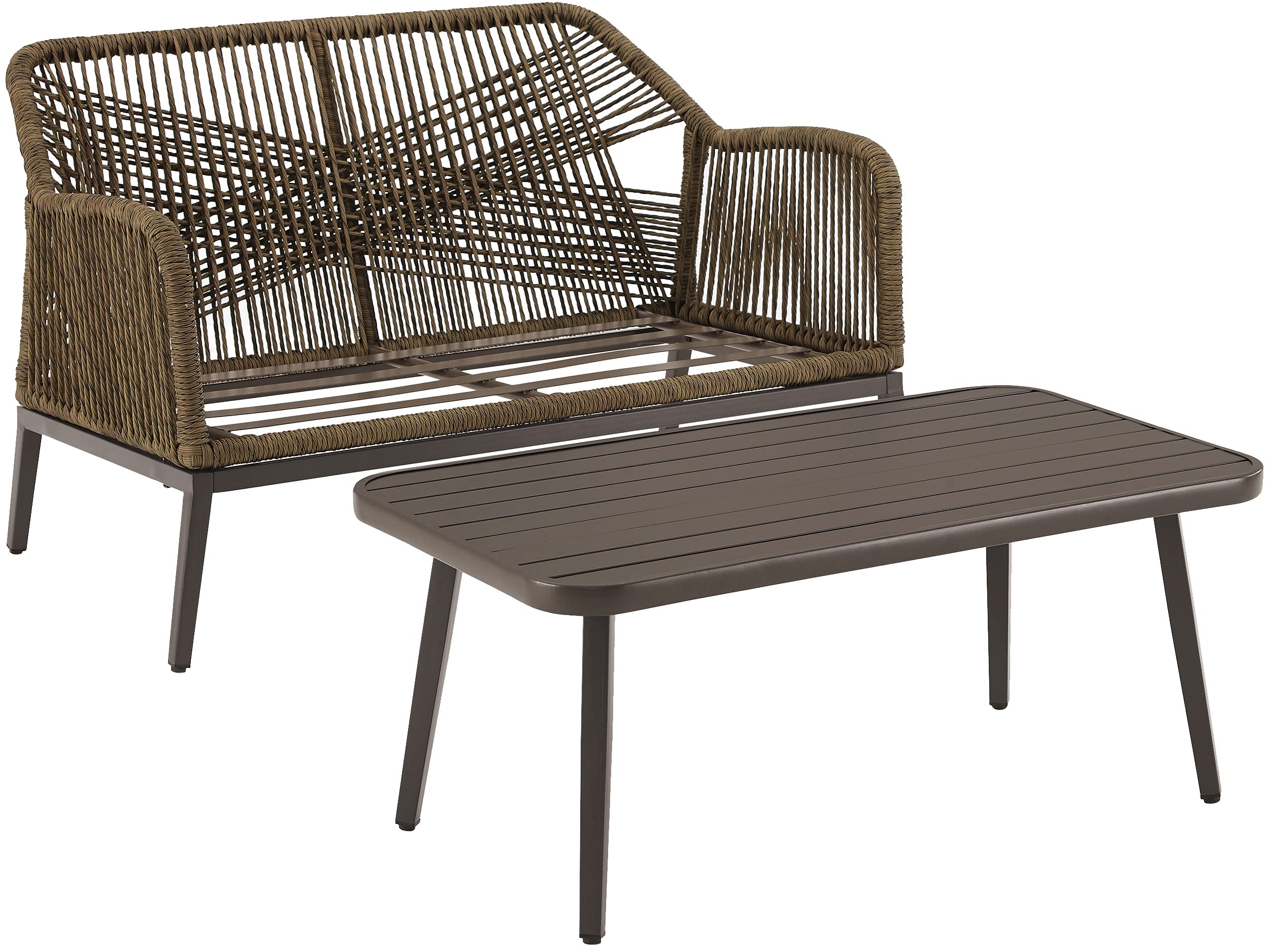 Crosley Furniture Haven 2-Piece Wicker Outdoor Coffee Table and Loveseat Set - Light Brown Patio Furniture with Gray Cushions for Porch, Garden & Backyard Relaxation