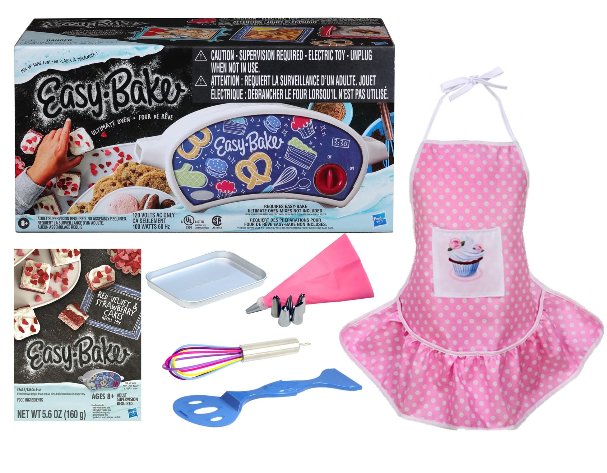 Easy Bake Oven Kit with 7 Baking Accessories - Red Velvet Cupcake Mix, Pink Kid Apron, Rainbow Whisk & Frosting Tools - Perfect Baking Gift Set for Kids Birthday & Family Fun Activity