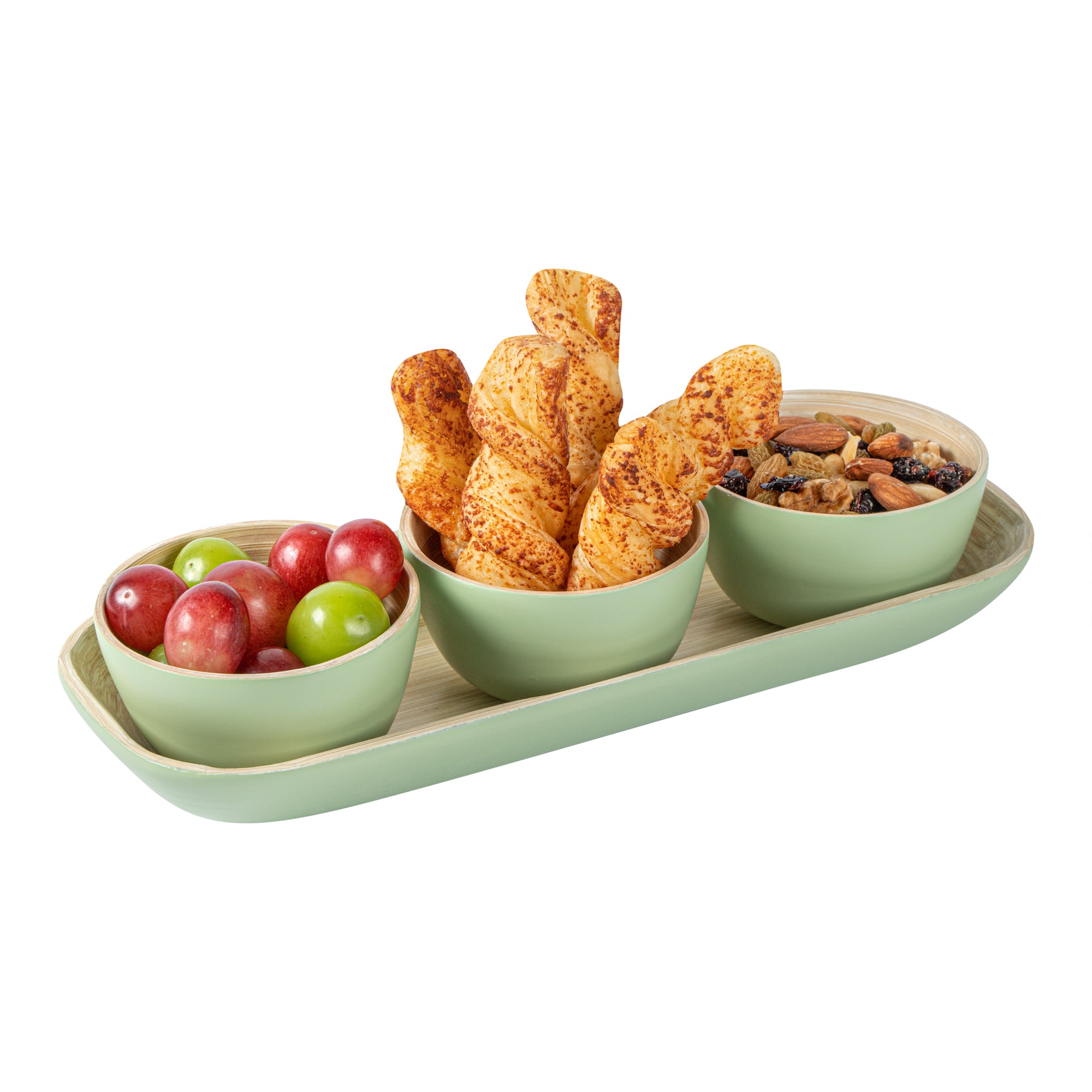 Premium Bamboo Bowl Set - 3 Eco-Friendly Green Bamboo Bowls with Tray, 11.75