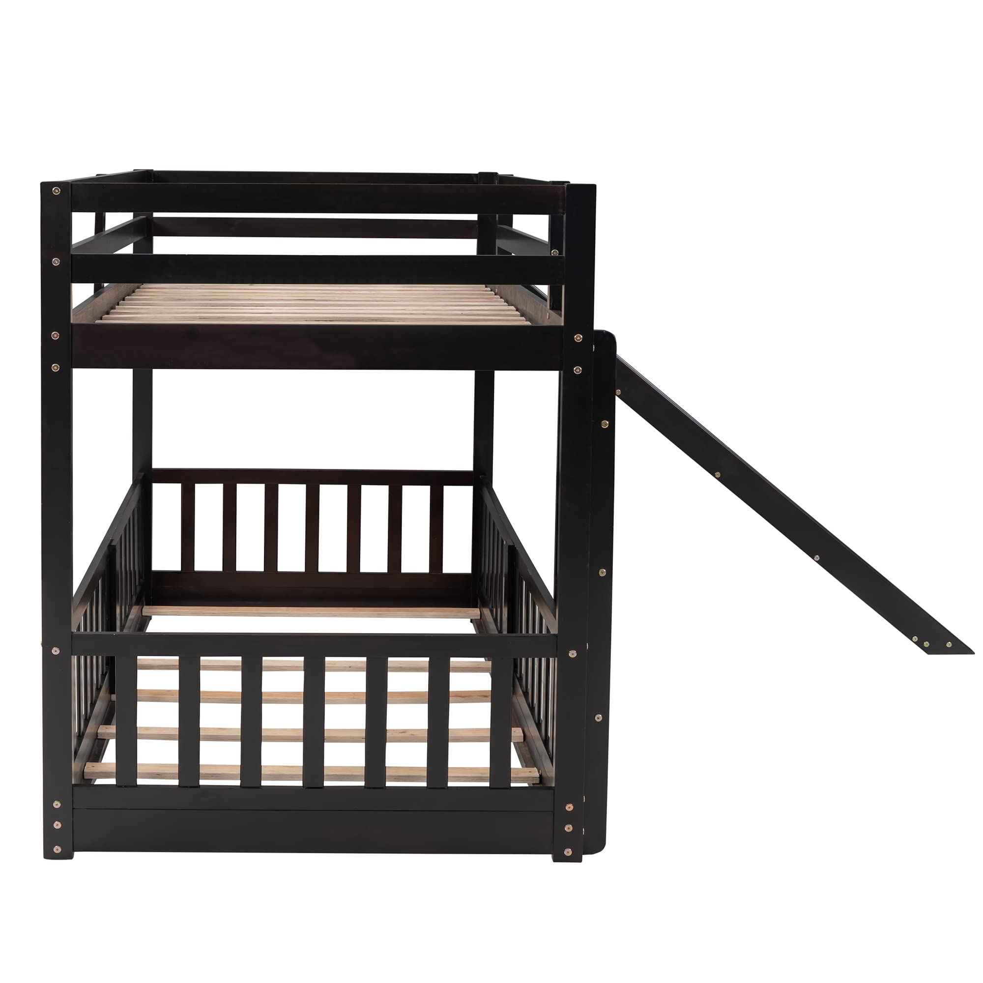 Harper & Bright Designs Twin Over Twin Low Bunk Bed with Slide - Solid Wood Kids Bunk Bed for Boys & Girls, No Box Spring Needed, Espresso Finish - Perfect for Small Bedrooms, Shared Kids Rooms & Sleepovers