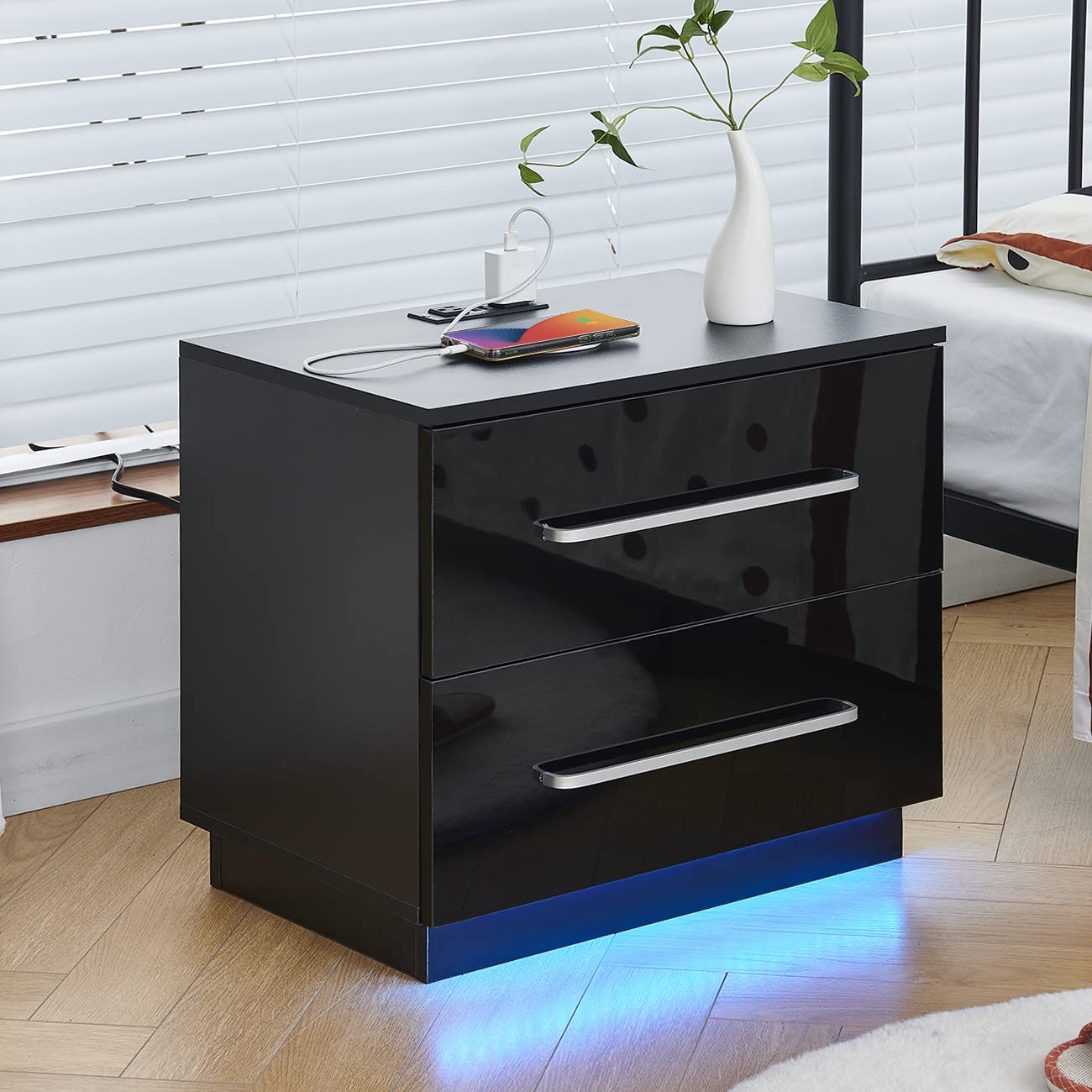 Belifeglory Modern Nightstand with 2 Drawers, USB Charging Station & LED Light - High Gloss Bedside Table, End Table for Bedroom, Living Room - Perfect for Small Spaces, Apartment Furniture, Home Office Organization
